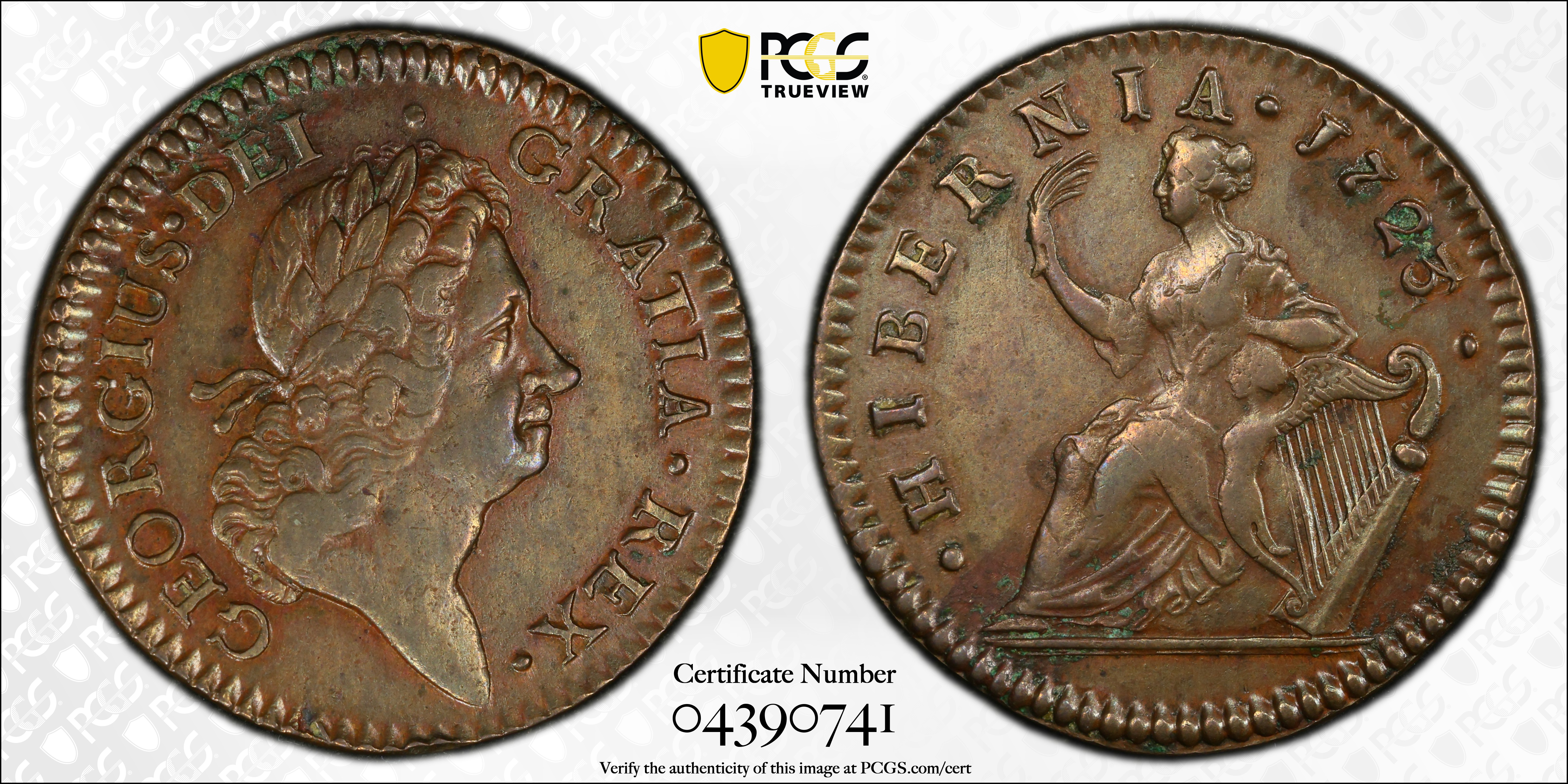 image for: 1723/2 Wood's Hibernia Halfpenny. Martin 4.60-Da.1, W-12850. Rarity-2. VF-30 (PCGS).