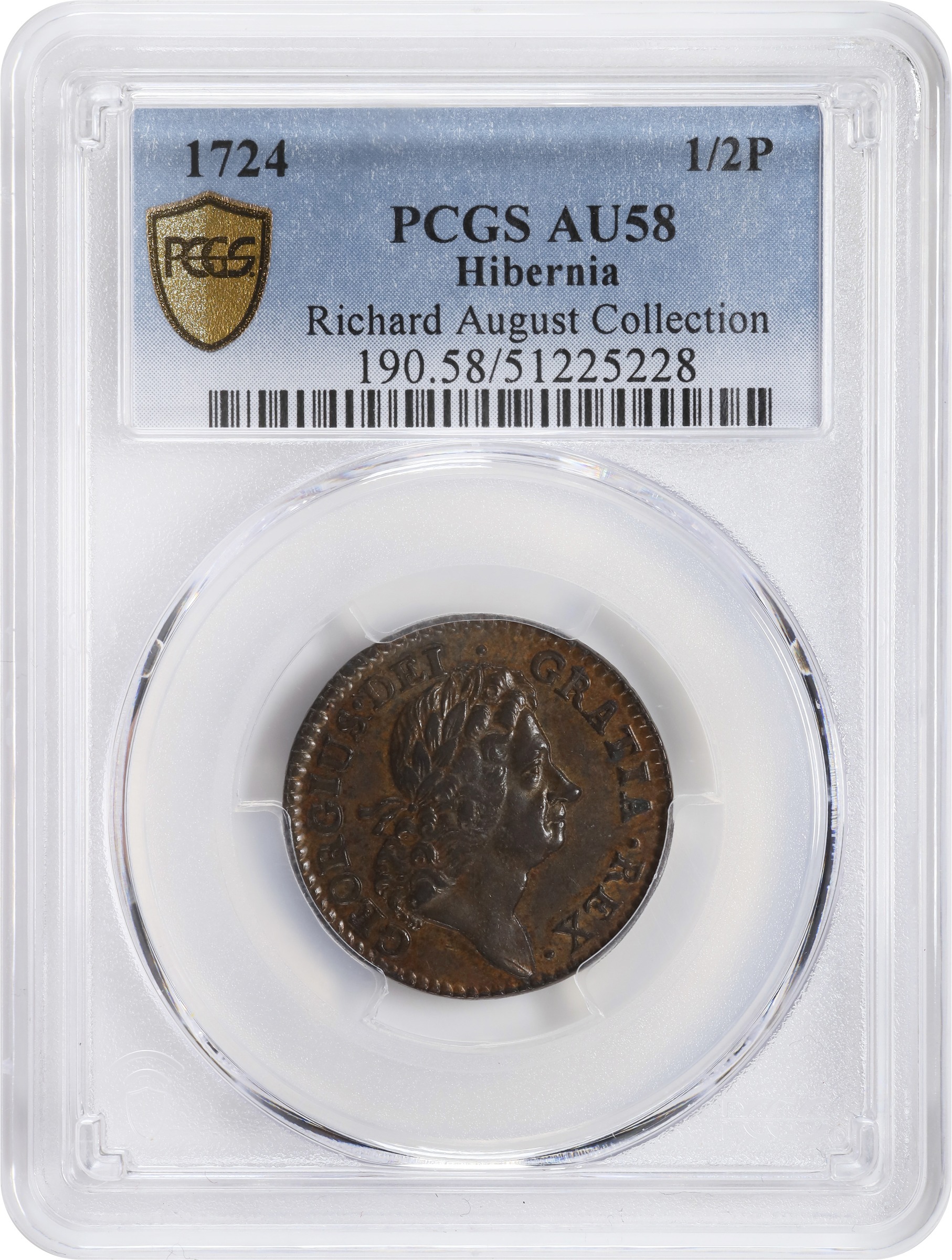 image for: 1724 Wood's Hibernia Halfpenny. Martin 4.51-K.4, W-13690. Rarity-2. AU-58 (PCGS).