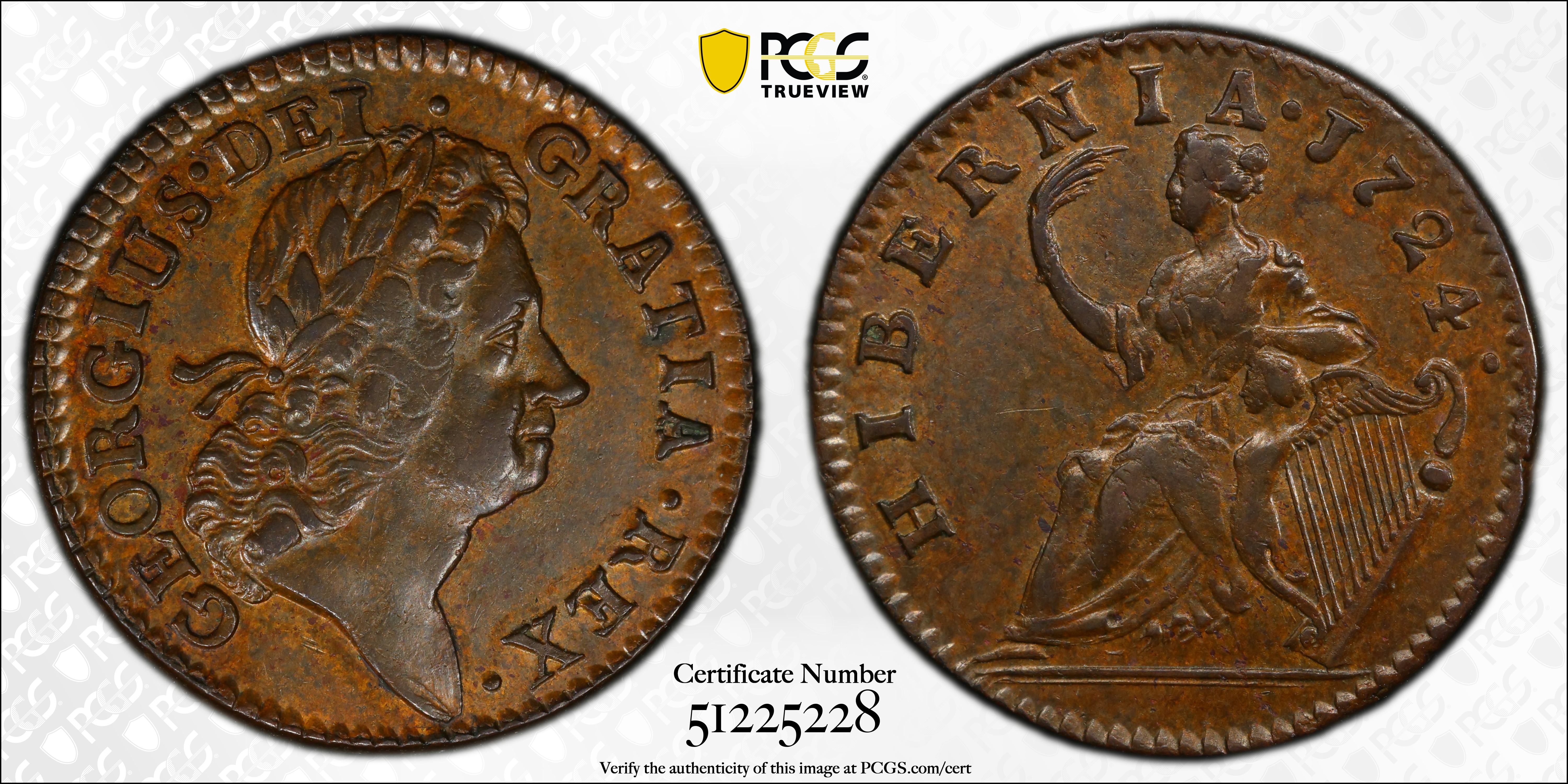 image for: 1724 Wood's Hibernia Halfpenny. Martin 4.51-K.4, W-13690. Rarity-2. AU-58 (PCGS).