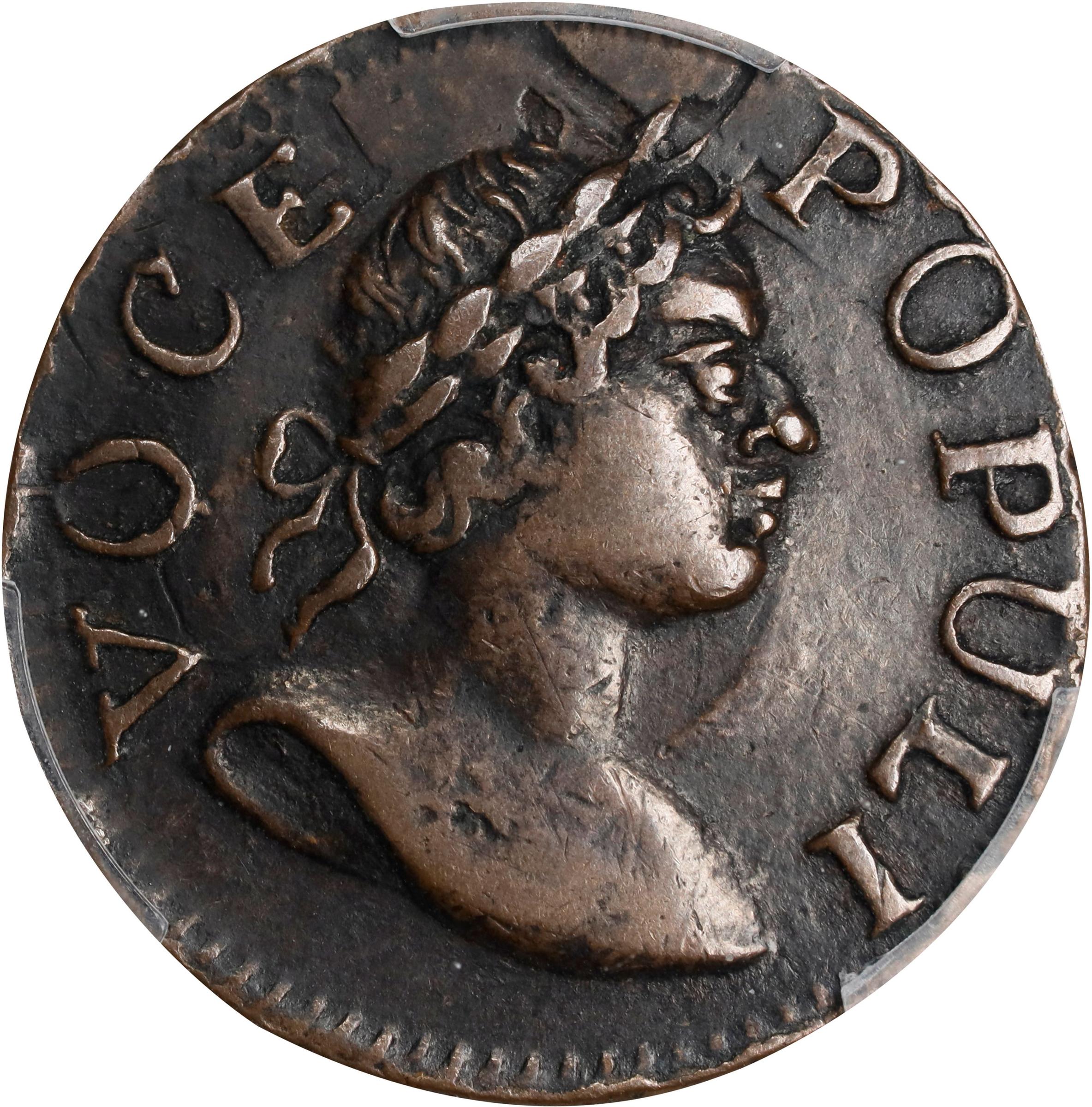 image for: 1760 Voce Populi Farthing. Nelson-1, W-13800. Rarity-5. Large Letters. AU-55 (PCGS).