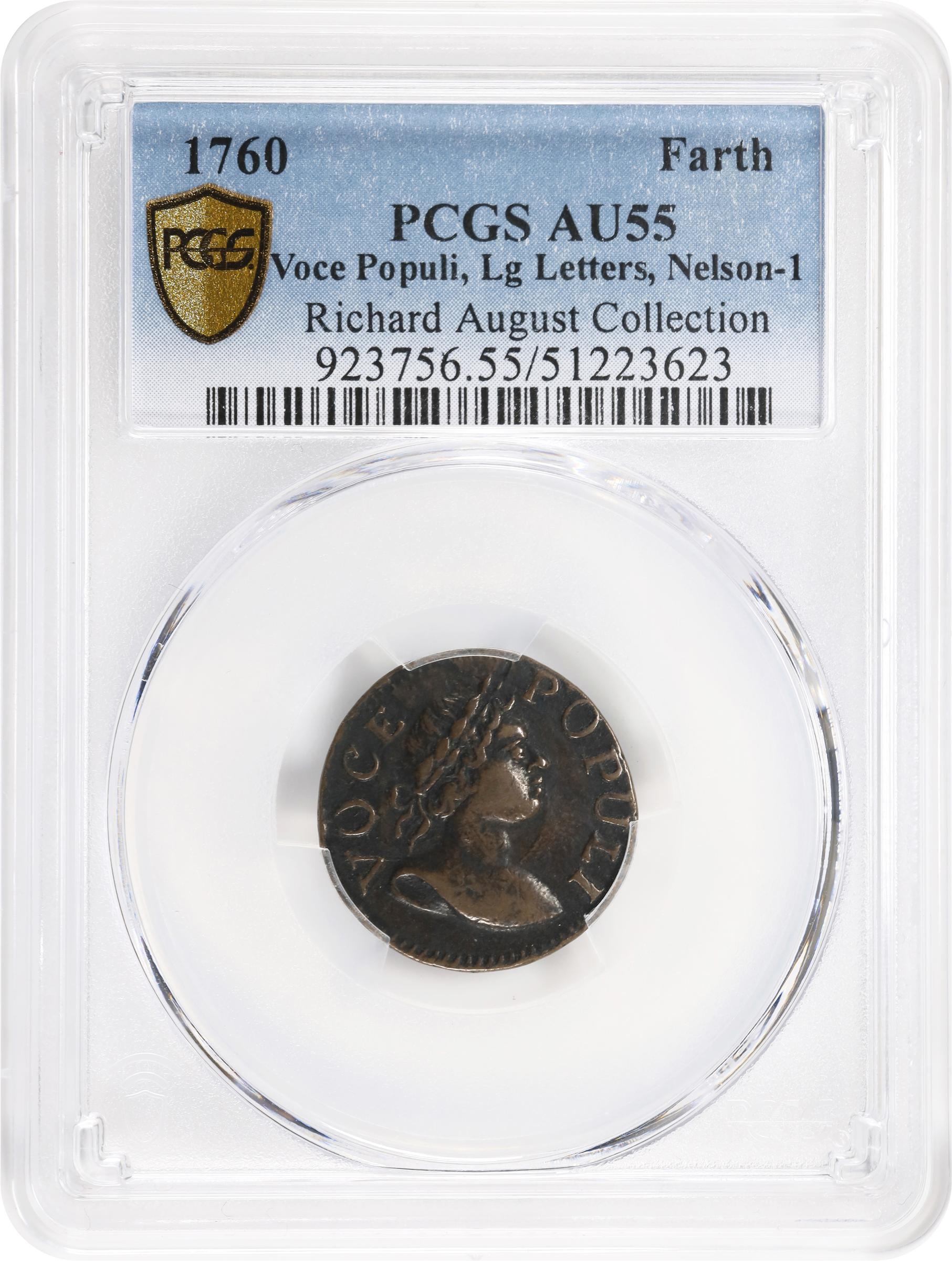 image for: 1760 Voce Populi Farthing. Nelson-1, W-13800. Rarity-5. Large Letters. AU-55 (PCGS).