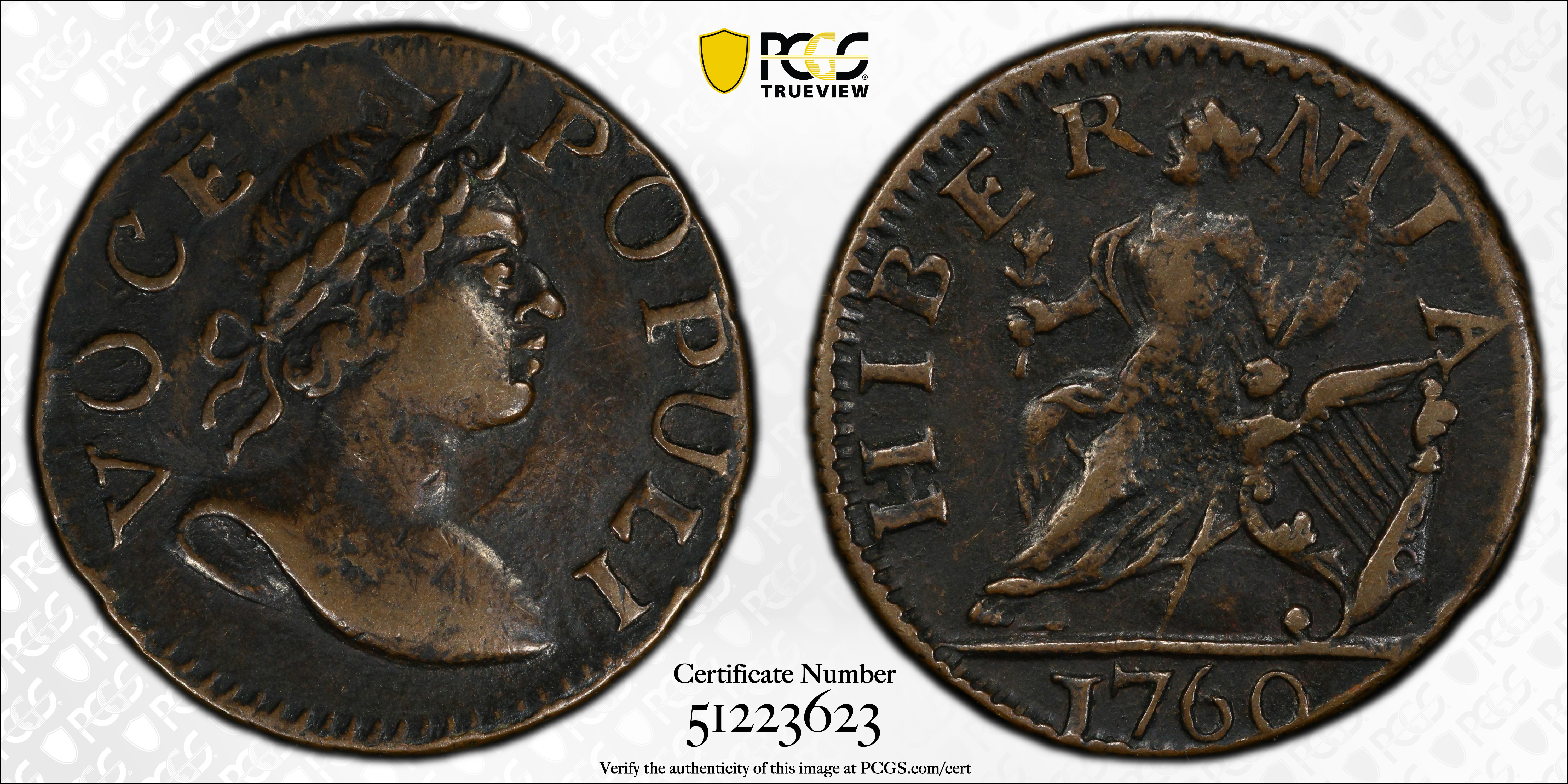 image for: 1760 Voce Populi Farthing. Nelson-1, W-13800. Rarity-5. Large Letters. AU-55 (PCGS).
