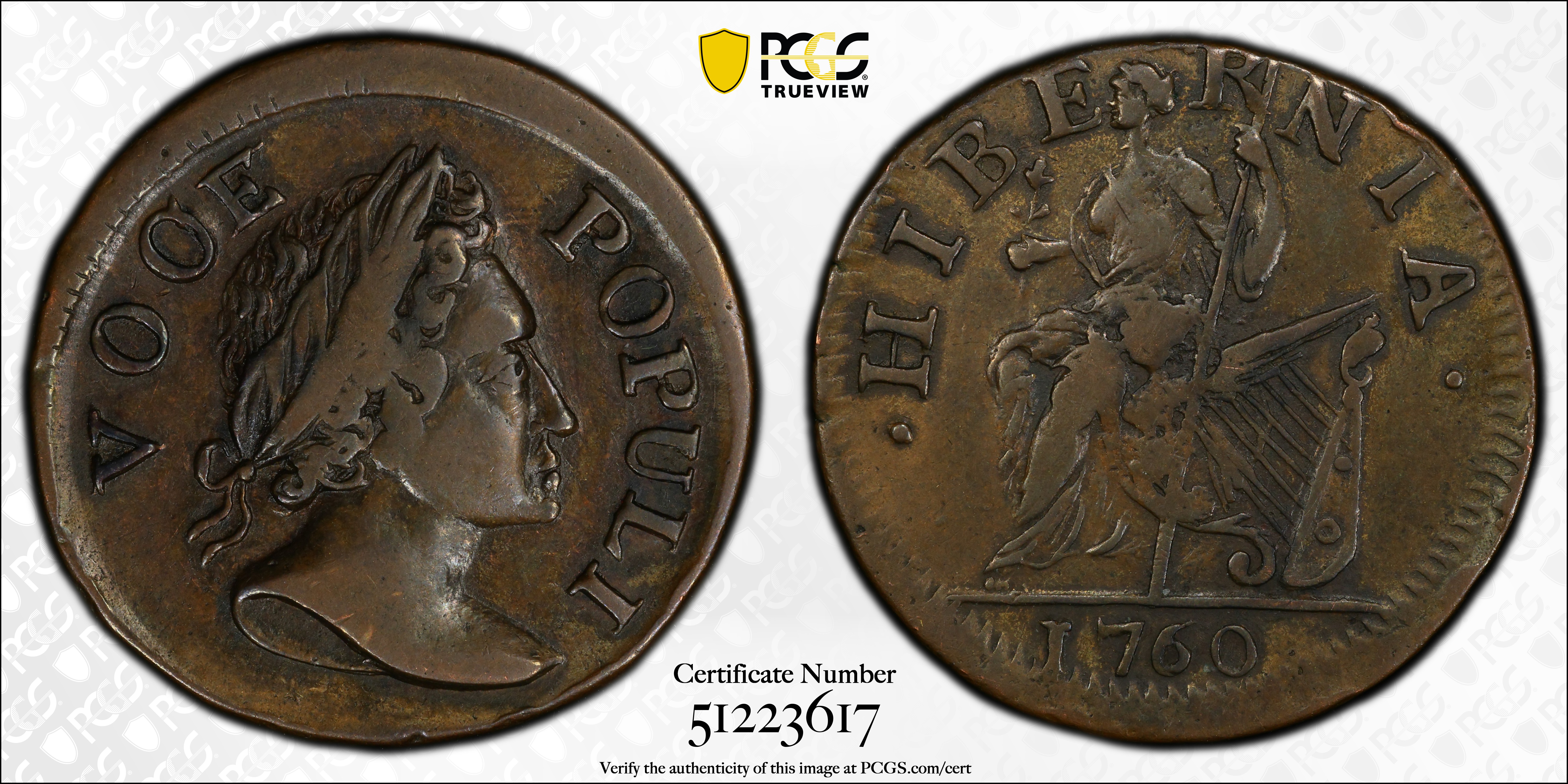 image for: 1760 Voce Populi Halfpenny. Nelson-3, Zelinka 7-E, W-13930. Rarity-3. No P, VOOE POPULI. AU-53 (PCGS).