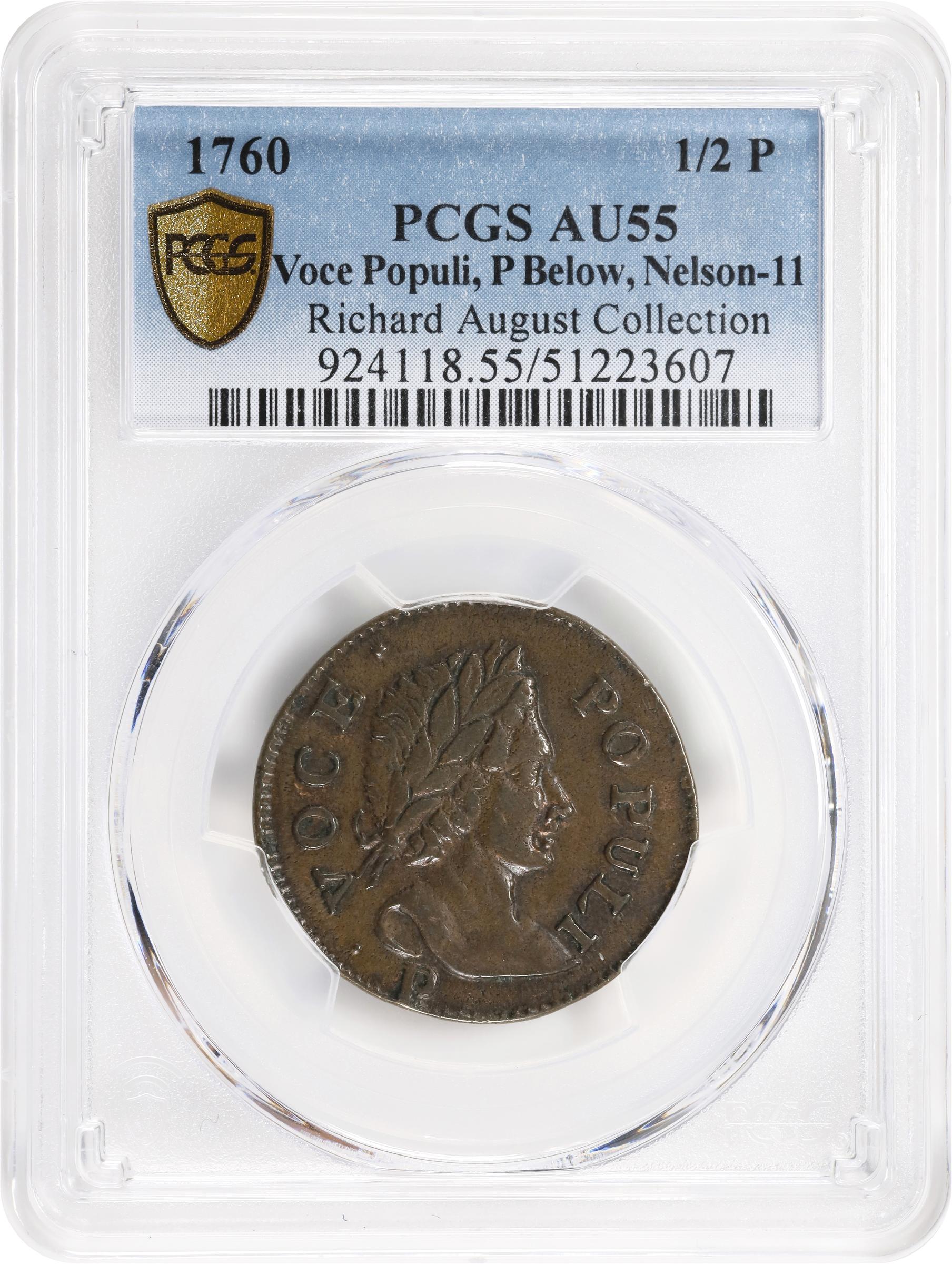 image for: 1760 Voce Populi Halfpenny. Nelson-11, Zelinka 14-L, W-13960. Rarity-4. P Below Bust. AU-55 (PCGS).