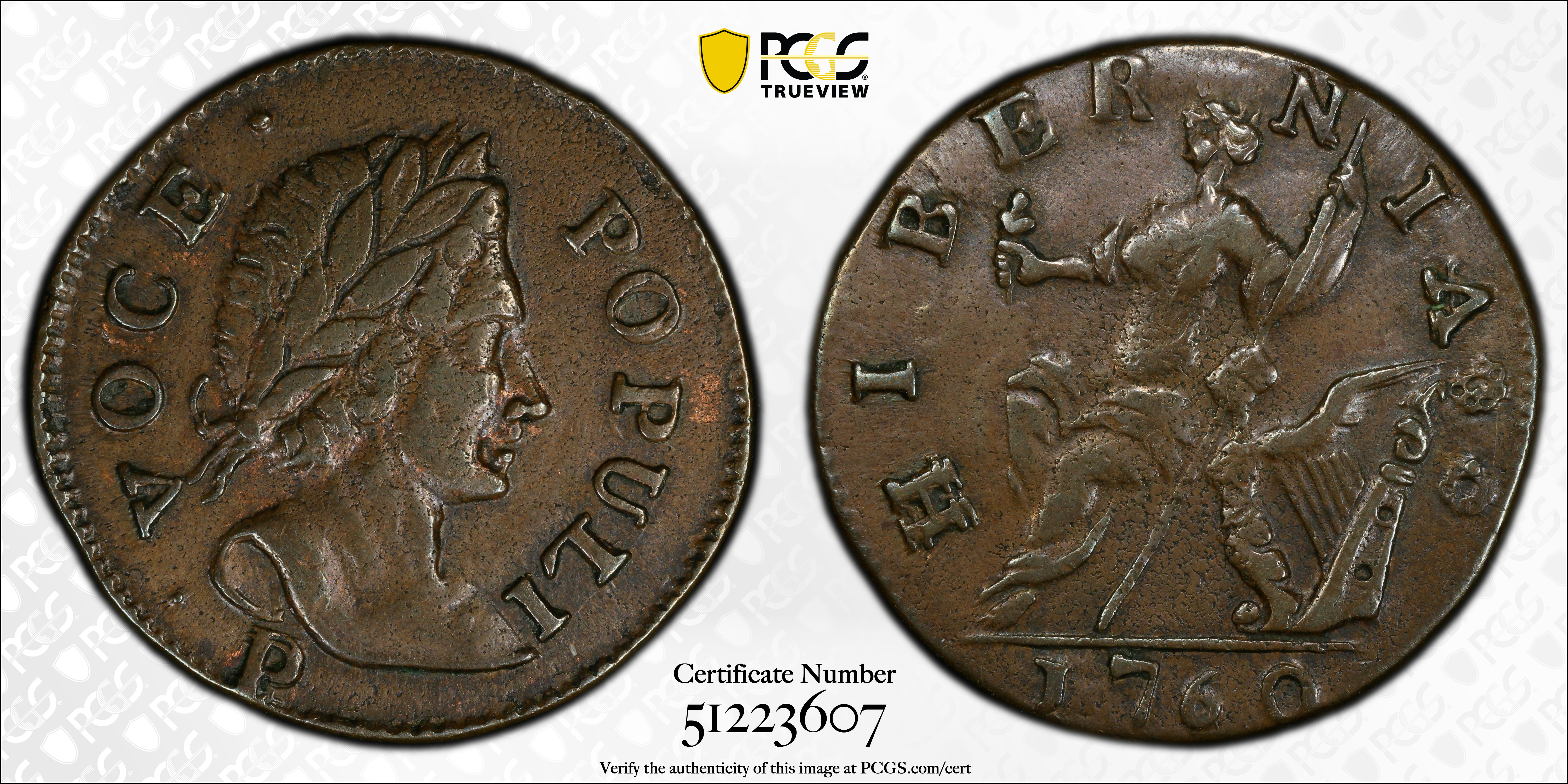 image for: 1760 Voce Populi Halfpenny. Nelson-11, Zelinka 14-L, W-13960. Rarity-4. P Below Bust. AU-55 (PCGS).