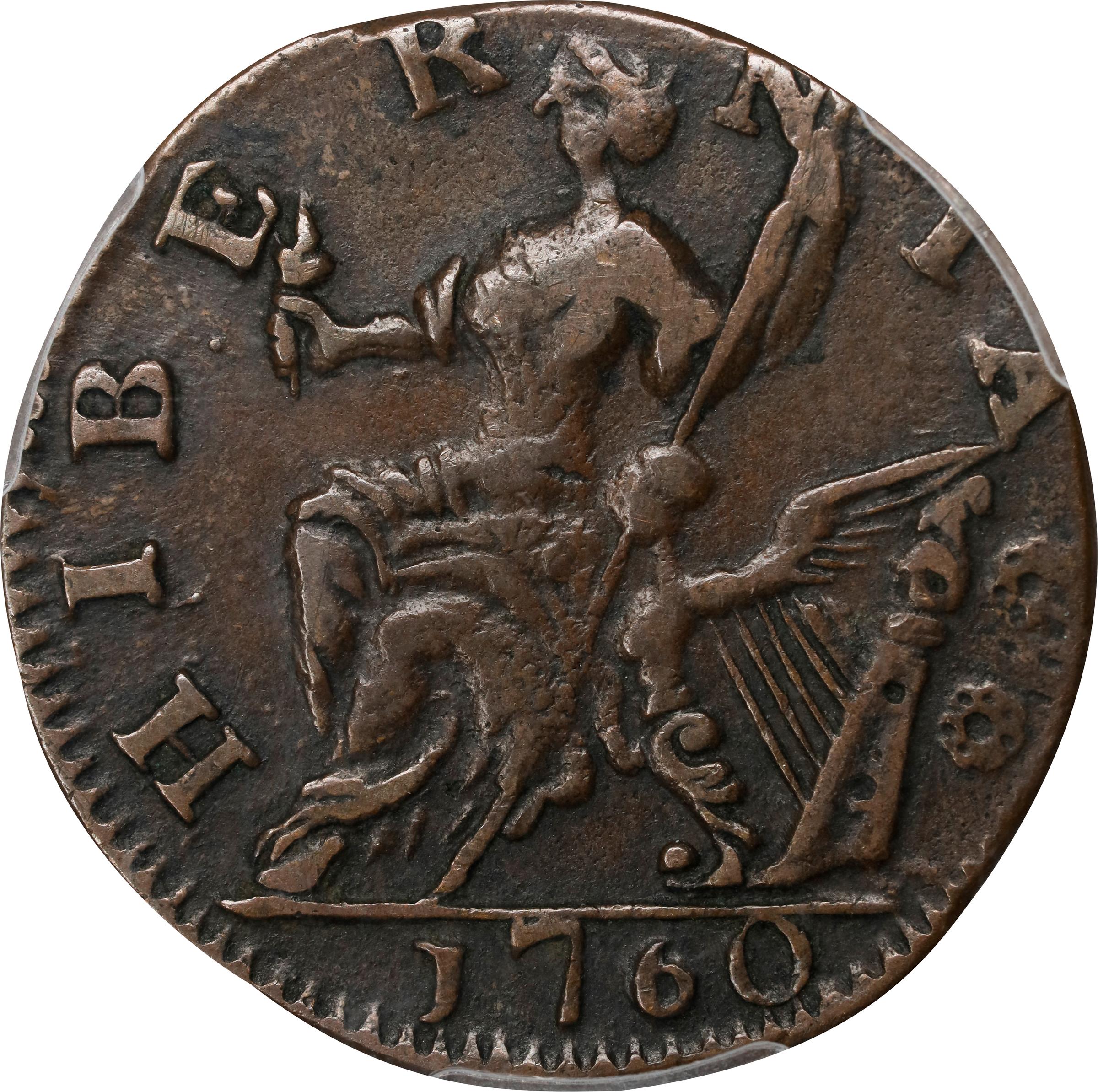 image for: 1760 Voce Populi Halfpenny. Nelson-12, Zelinka 15-N, W-13950. Rarity-3. P in Front of Face. AU-50 (PCGS).