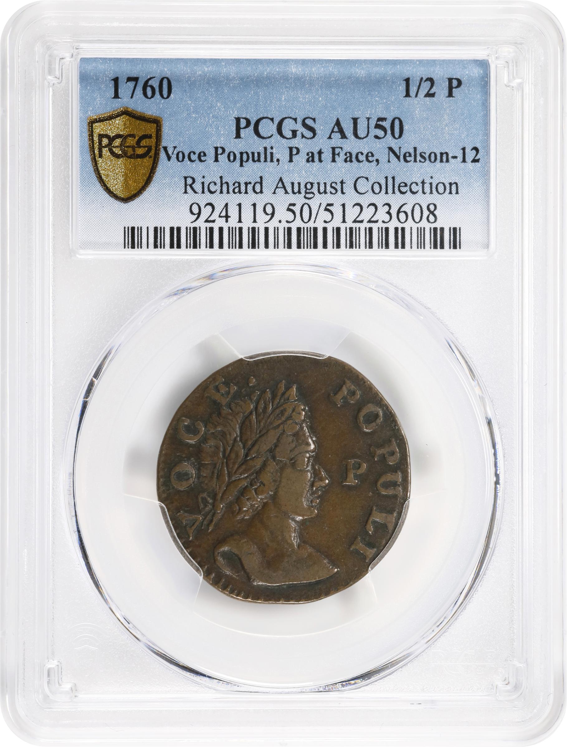 image for: 1760 Voce Populi Halfpenny. Nelson-12, Zelinka 15-N, W-13950. Rarity-3. P in Front of Face. AU-50 (PCGS).