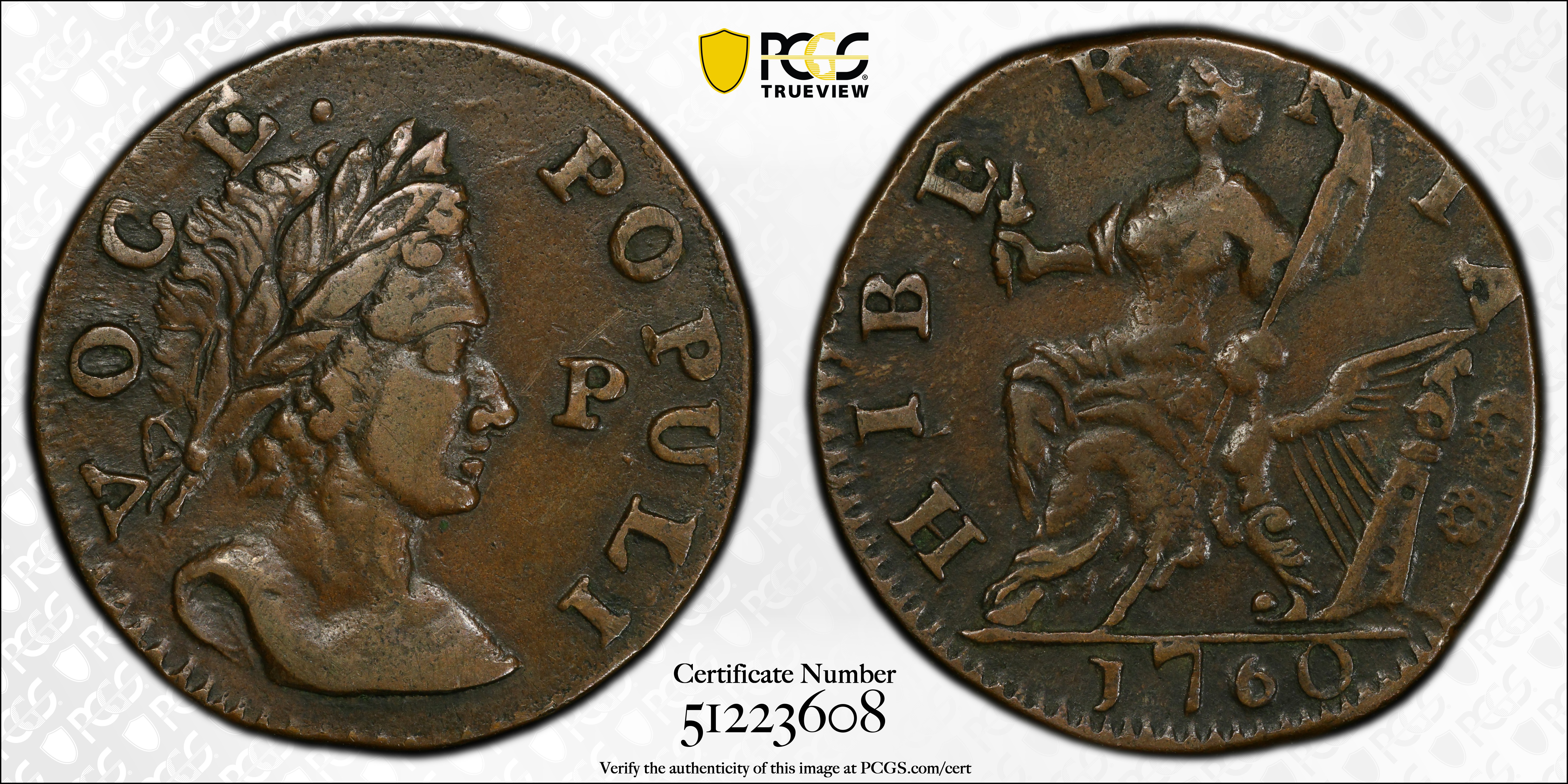 image for: 1760 Voce Populi Halfpenny. Nelson-12, Zelinka 15-N, W-13950. Rarity-3. P in Front of Face. AU-50 (PCGS).