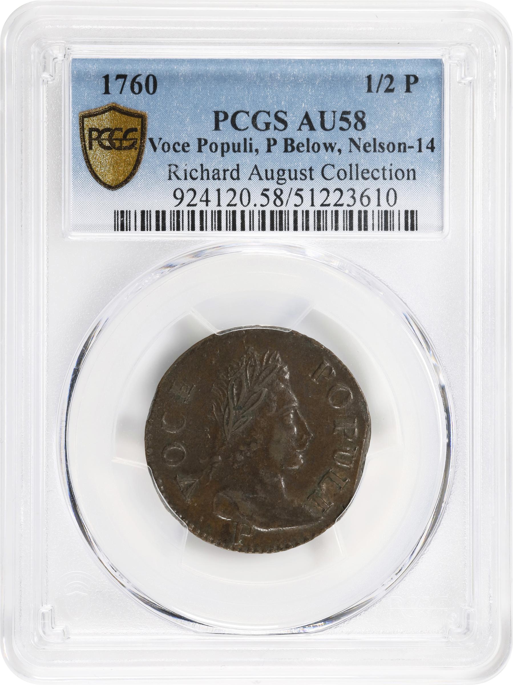 image for: 1760 Voce Populi Halfpenny. Nelson-14, Zelinka 16-O, W-13960. Rarity-6. P Below Bust. AU-58 (PCGS).