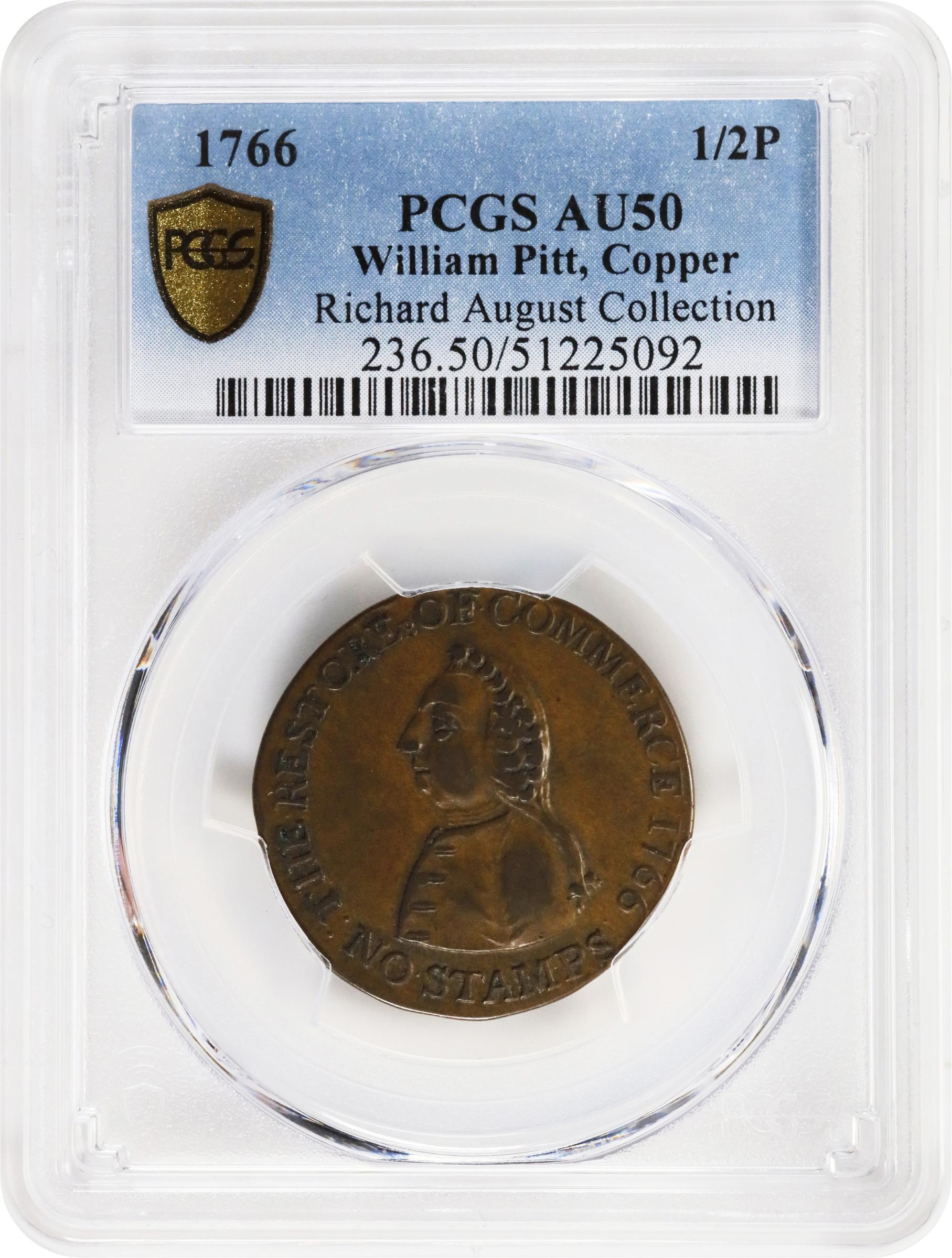 image for: 1766 Pitt Halfpenny Token. Betts-519, W-8350. Rarity-3. Copper. AU-50 (PCGS).