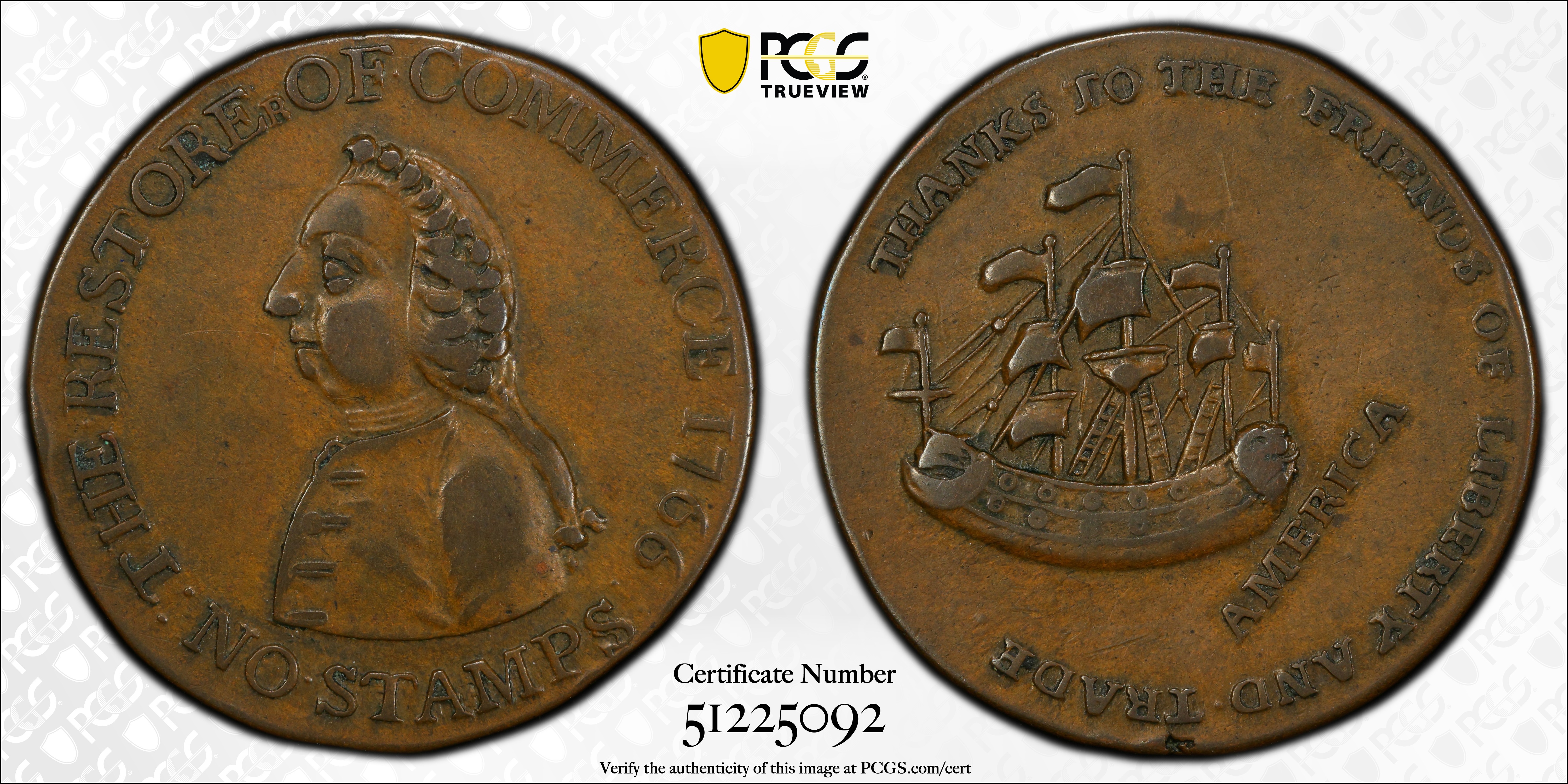 image for: 1766 Pitt Halfpenny Token. Betts-519, W-8350. Rarity-3. Copper. AU-50 (PCGS).