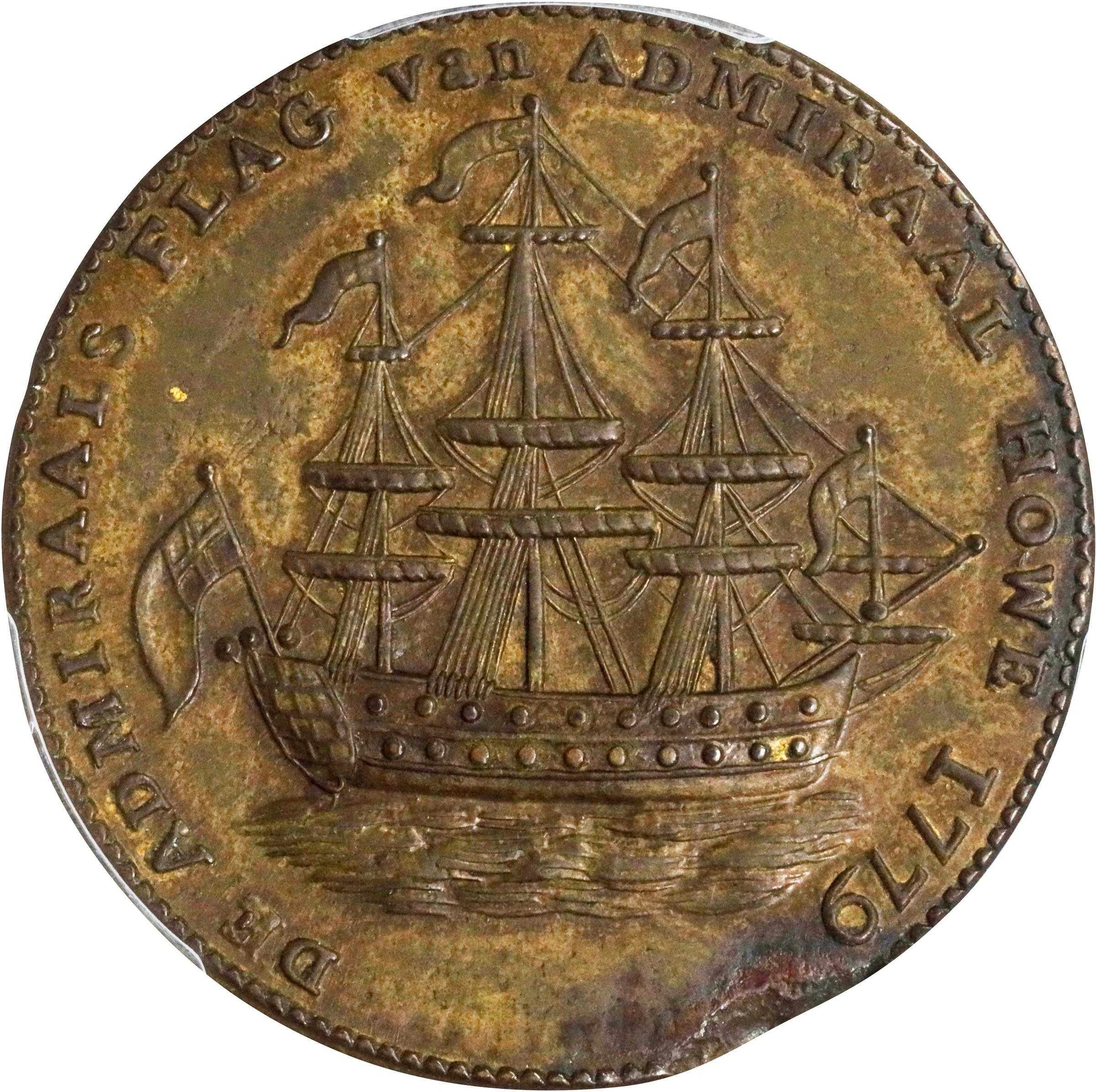image for: "1778-1779" (ca. 1780) Rhode Island Ship Medal. Betts-562, W-1730. Without Wreath Below Ship. Brass or Pinchbeck. AU-58 (PCGS).