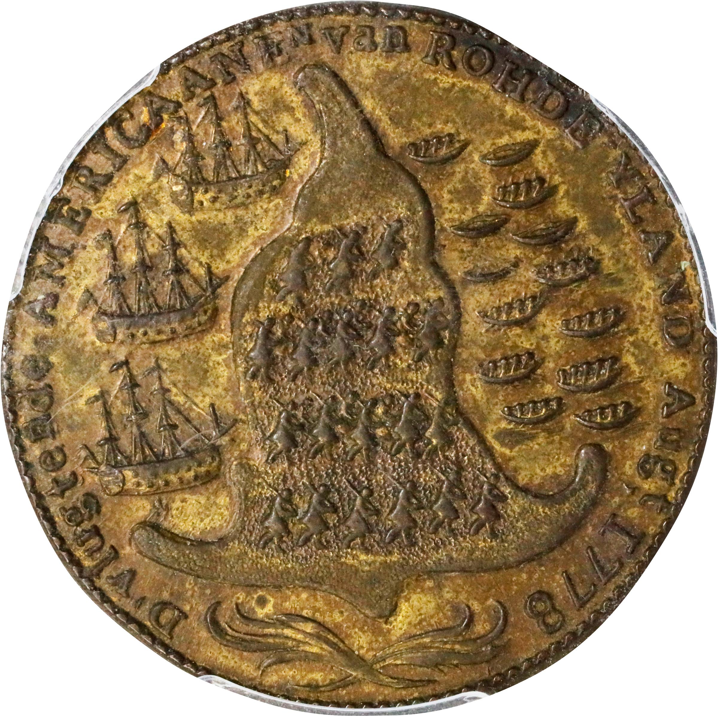 image for: "1778-1779" (ca. 1780) Rhode Island Ship Medal. Betts-562, W-1730. Without Wreath Below Ship. Brass or Pinchbeck. AU-58 (PCGS).