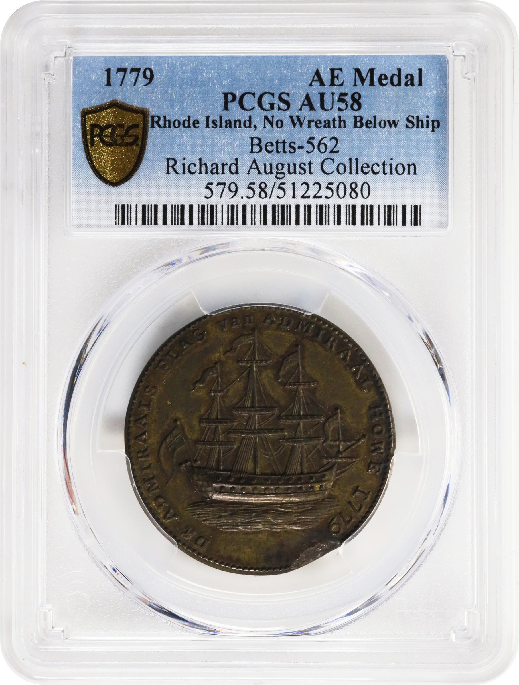 image for: "1778-1779" (ca. 1780) Rhode Island Ship Medal. Betts-562, W-1730. Without Wreath Below Ship. Brass or Pinchbeck. AU-58 (PCGS).