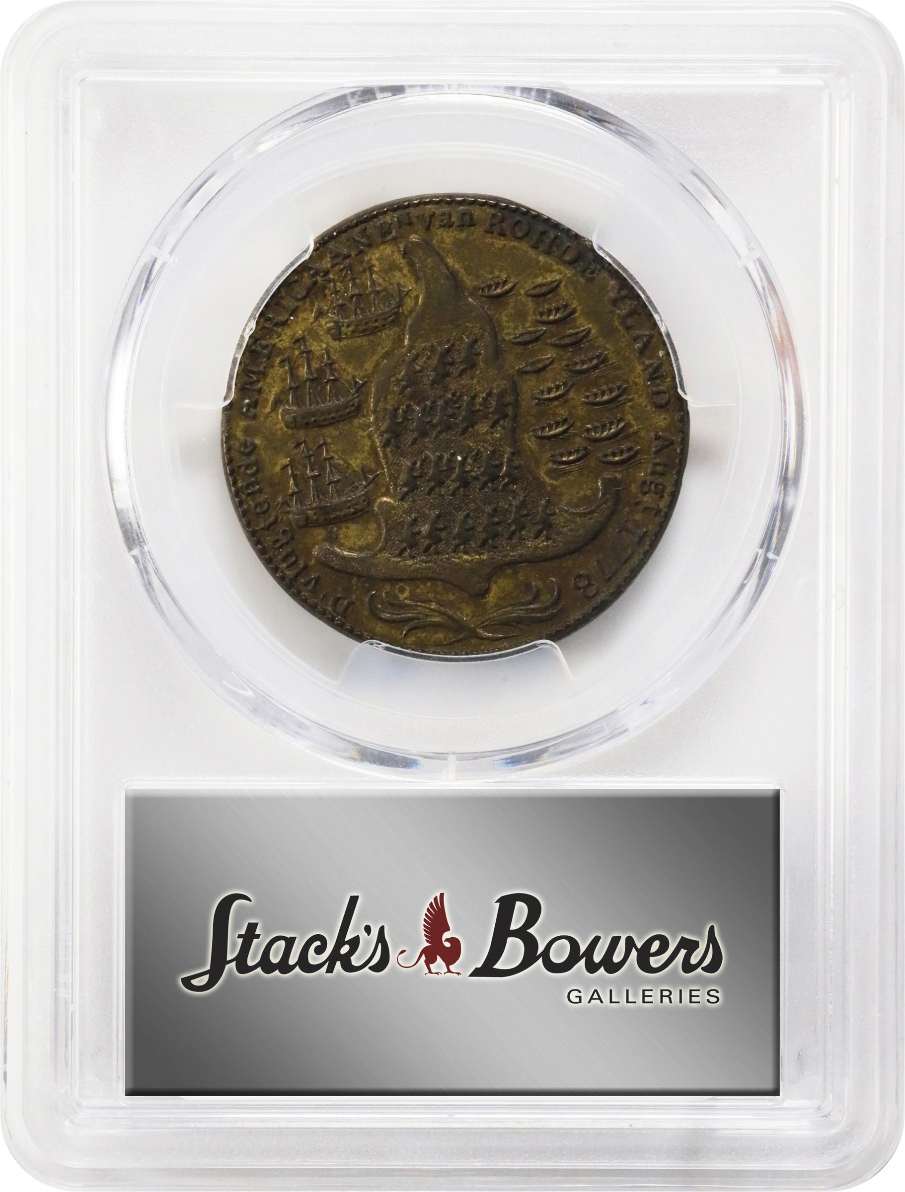 image for: "1778-1779" (ca. 1780) Rhode Island Ship Medal. Betts-562, W-1730. Without Wreath Below Ship. Brass or Pinchbeck. AU-58 (PCGS).