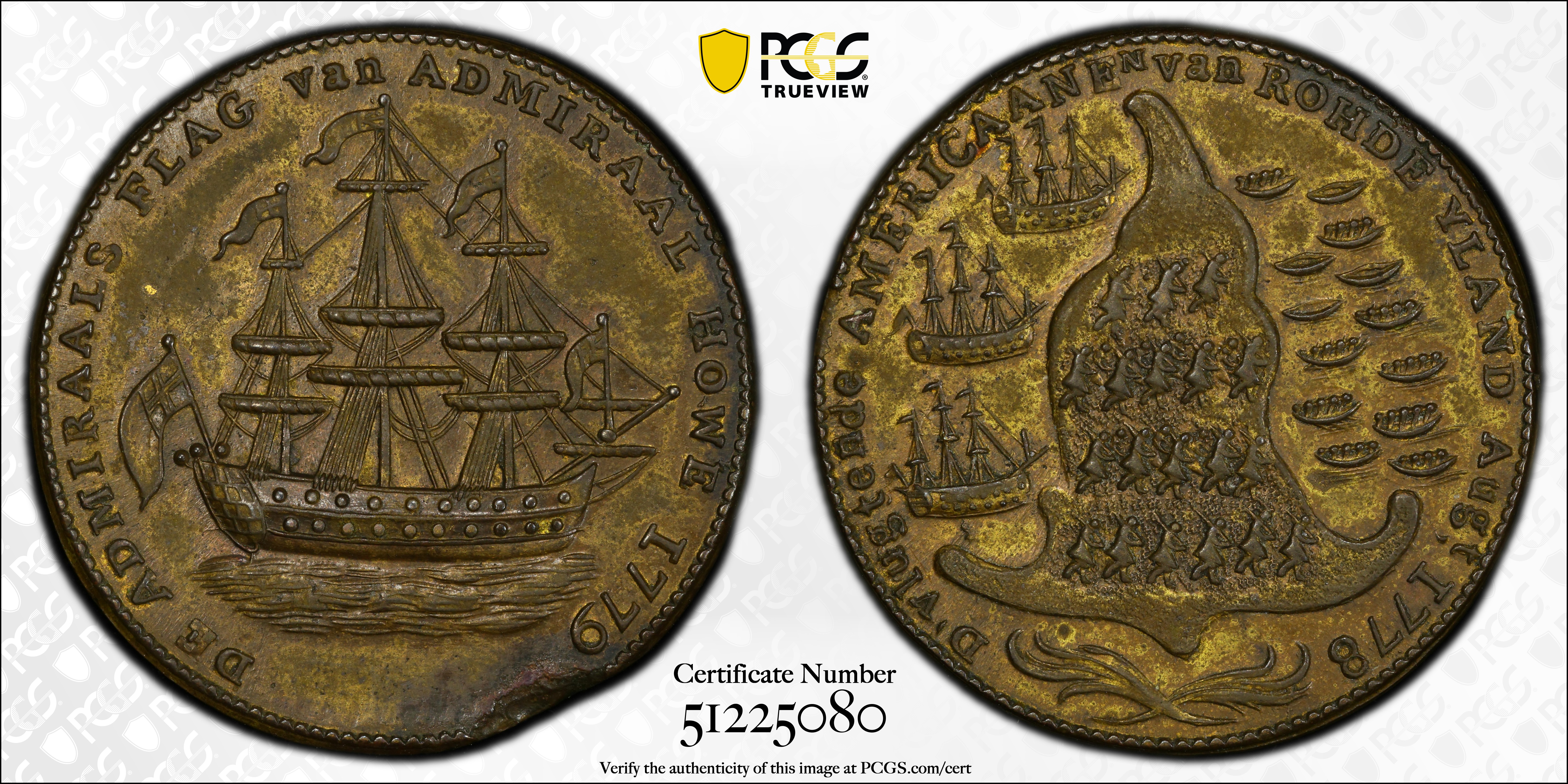 image for: "1778-1779" (ca. 1780) Rhode Island Ship Medal. Betts-562, W-1730. Without Wreath Below Ship. Brass or Pinchbeck. AU-58 (PCGS).