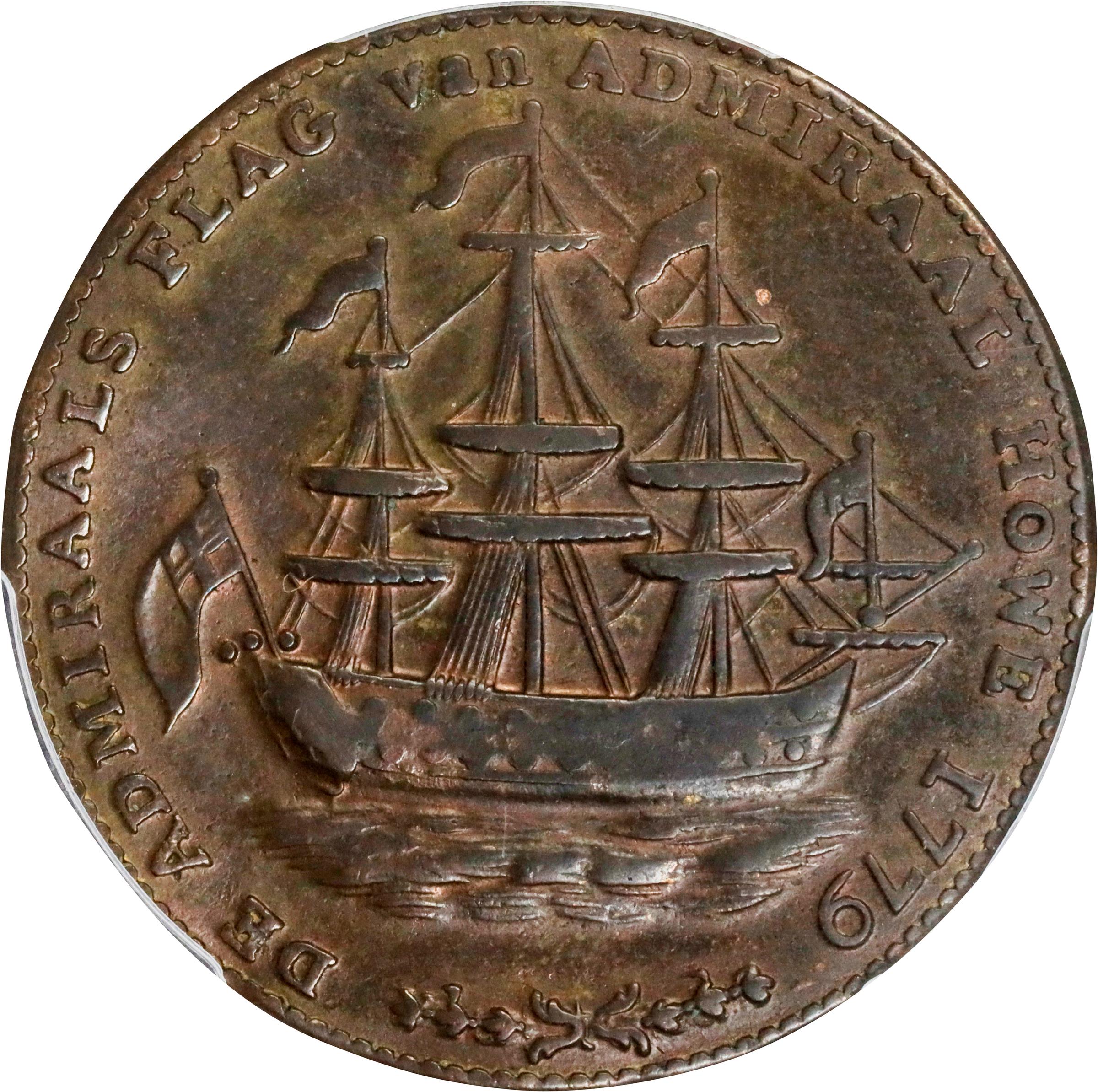 image for: "1778-1779" (ca. 1780) Rhode Island Ship Medal. Betts-563, W-1740. Wreath Below Ship. Brass or Pinchbeck. EF-45 (PCGS).