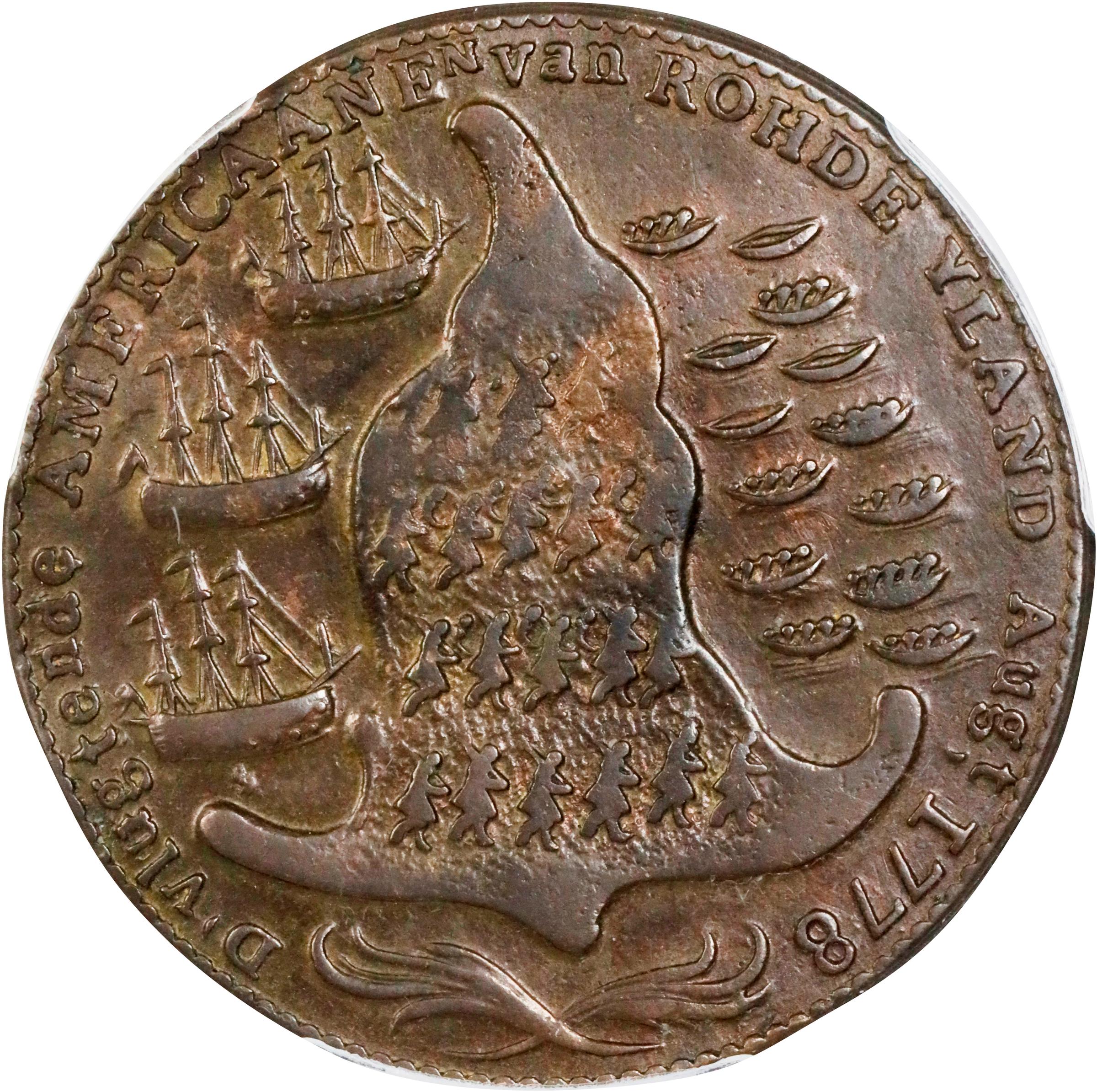 image for: "1778-1779" (ca. 1780) Rhode Island Ship Medal. Betts-563, W-1740. Wreath Below Ship. Brass or Pinchbeck. EF-45 (PCGS).