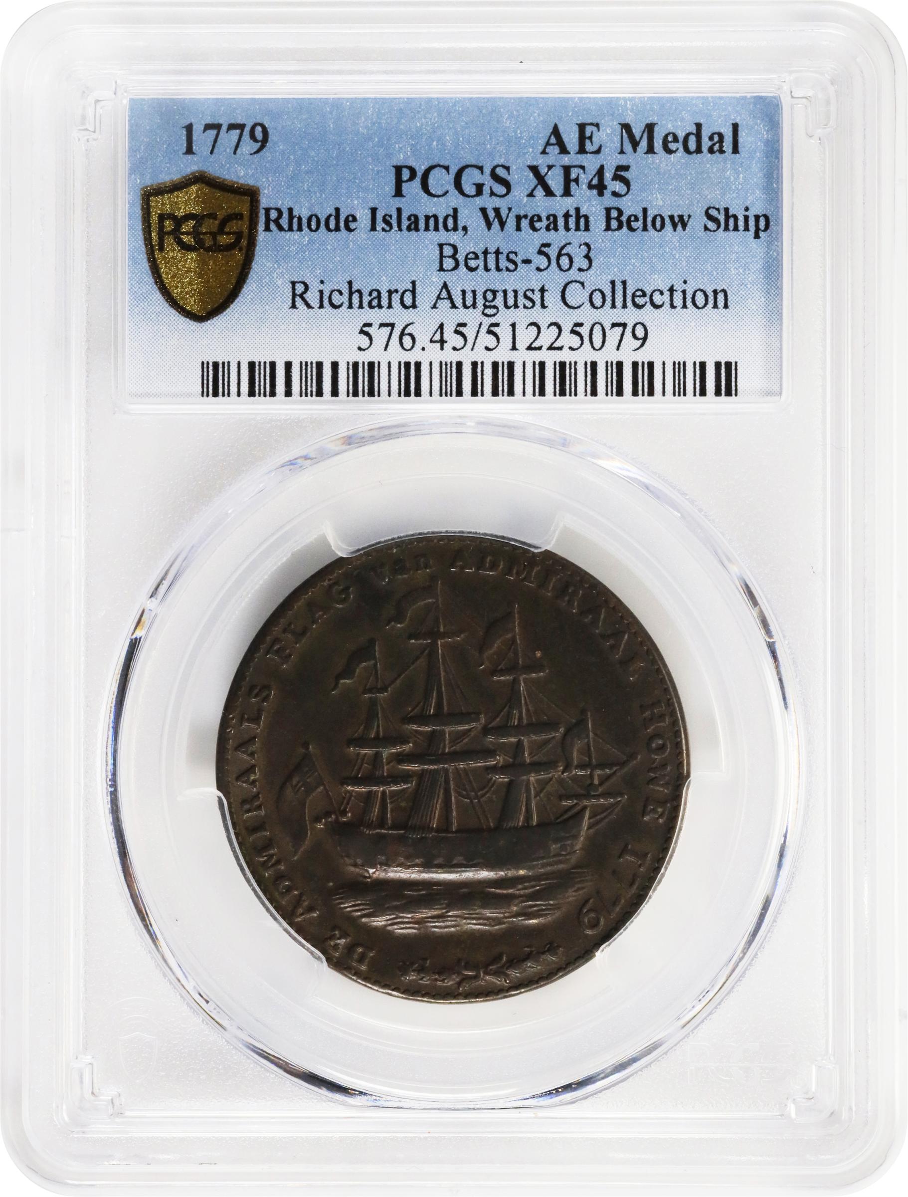 image for: "1778-1779" (ca. 1780) Rhode Island Ship Medal. Betts-563, W-1740. Wreath Below Ship. Brass or Pinchbeck. EF-45 (PCGS).