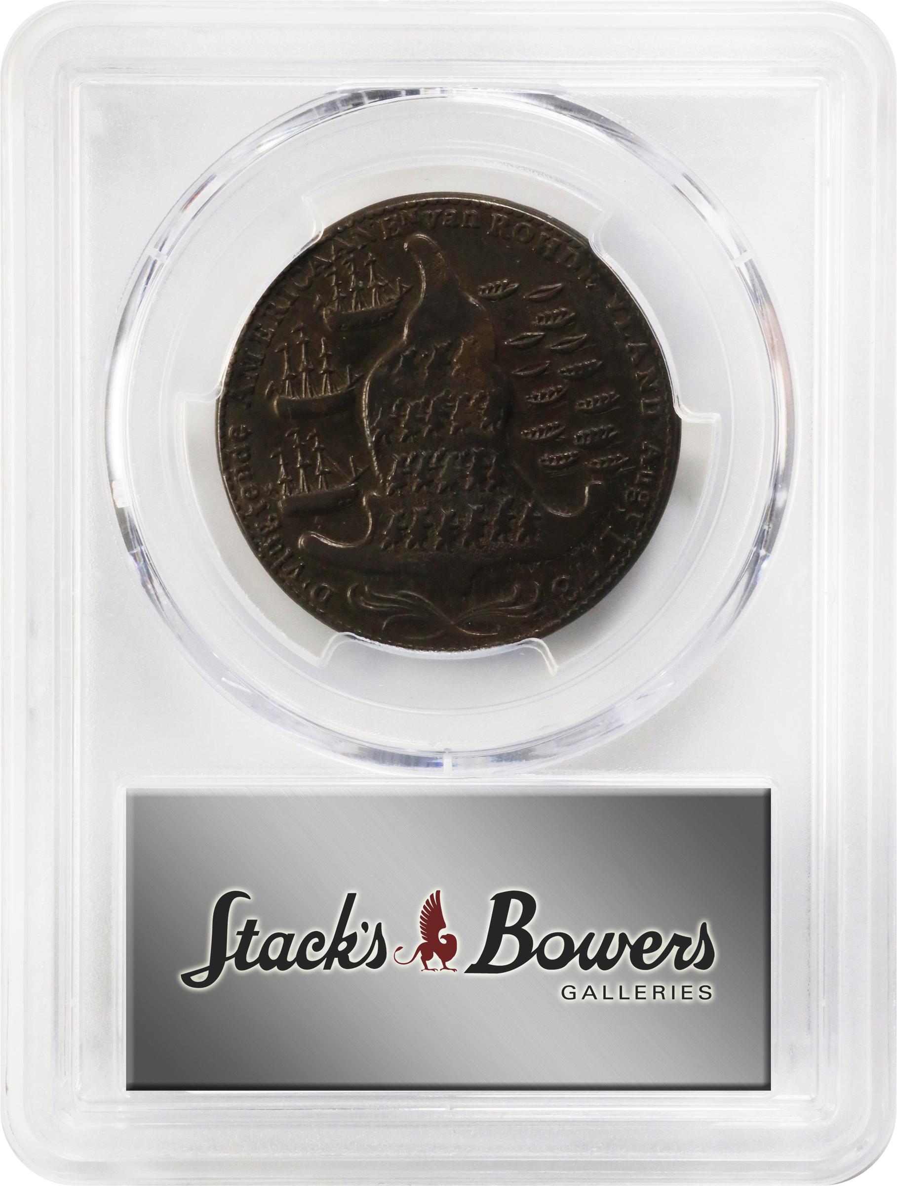 image for: "1778-1779" (ca. 1780) Rhode Island Ship Medal. Betts-563, W-1740. Wreath Below Ship. Brass or Pinchbeck. EF-45 (PCGS).