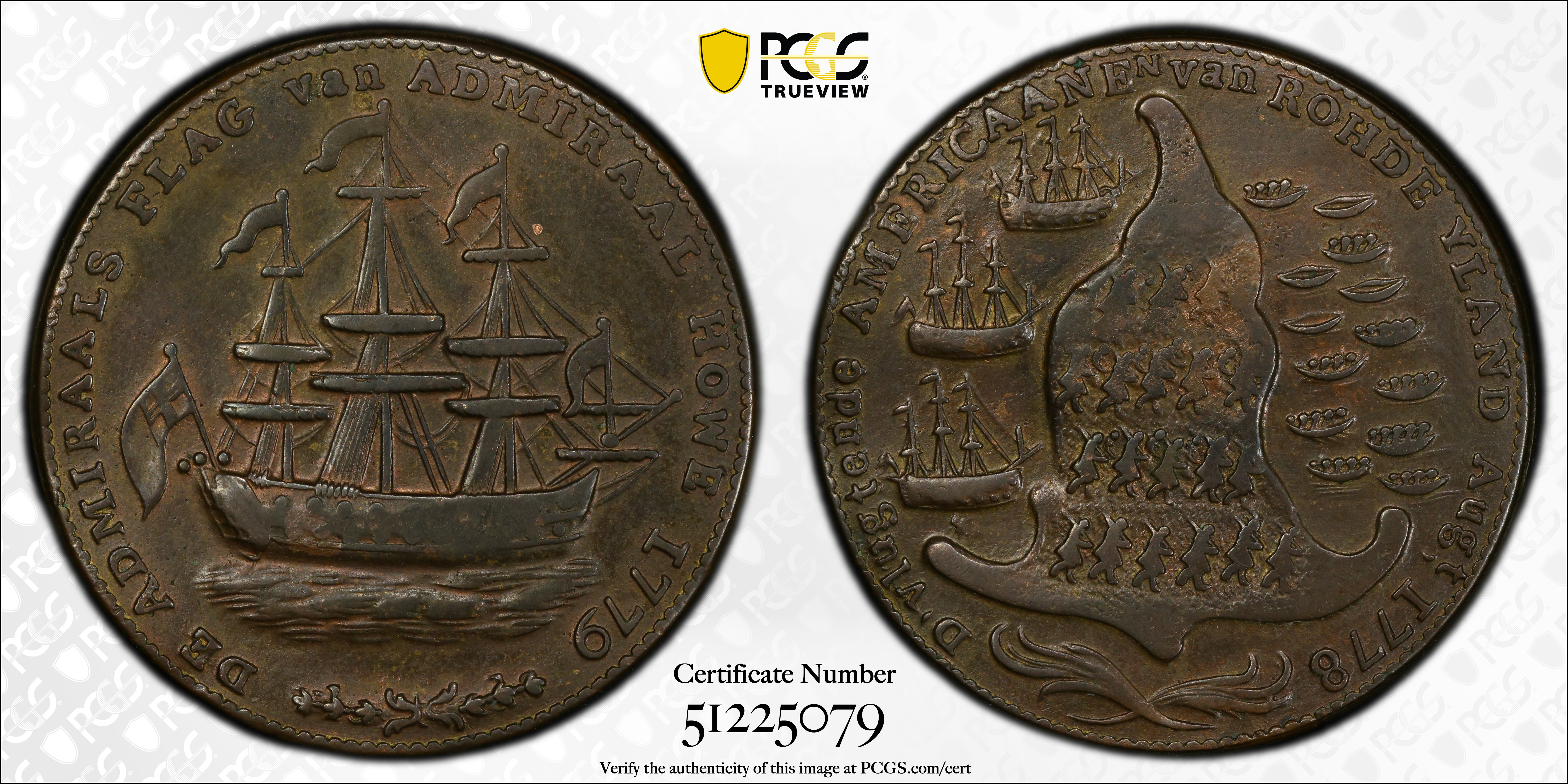 image for: "1778-1779" (ca. 1780) Rhode Island Ship Medal. Betts-563, W-1740. Wreath Below Ship. Brass or Pinchbeck. EF-45 (PCGS).
