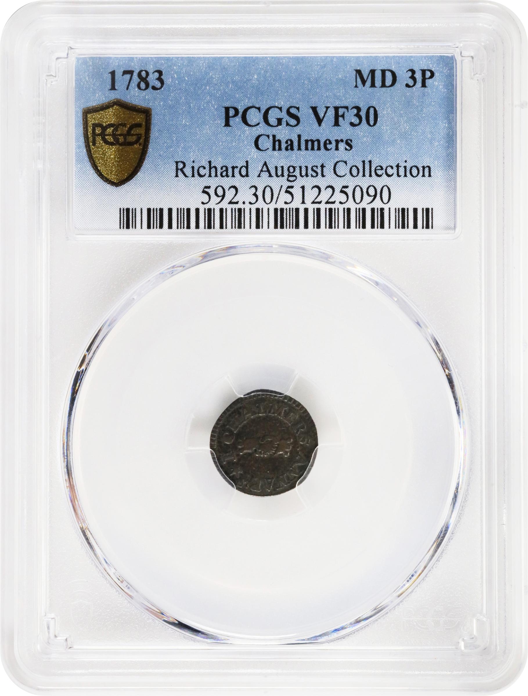 image for: 1783 John Chalmers Threepence. W-1760. Rarity-5. VF-30 (PCGS).