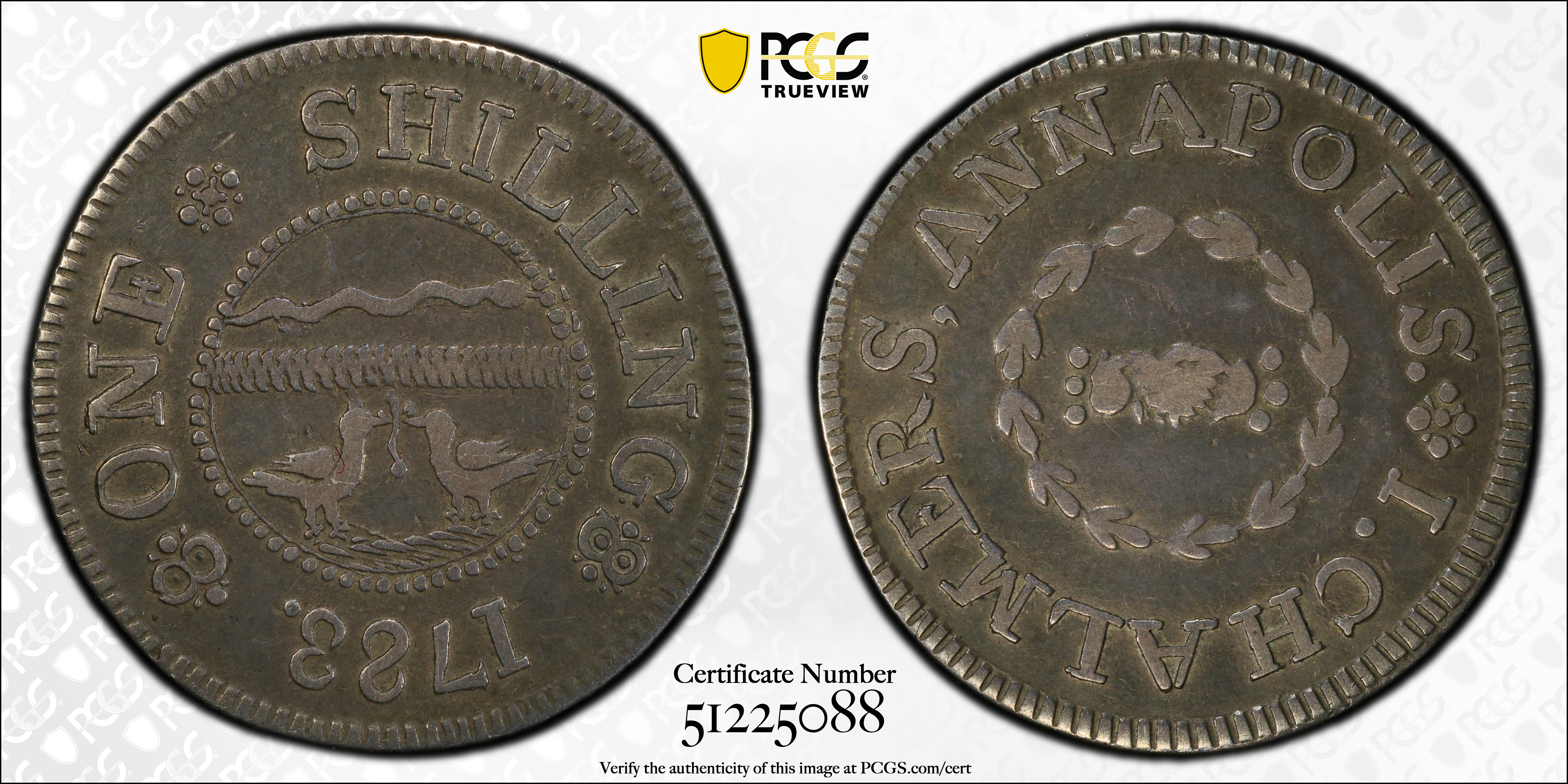 image for: 1783 John Chalmers Shilling. W-1785. Rarity-4+. Birds, Short Worm. EF-40 (PCGS).