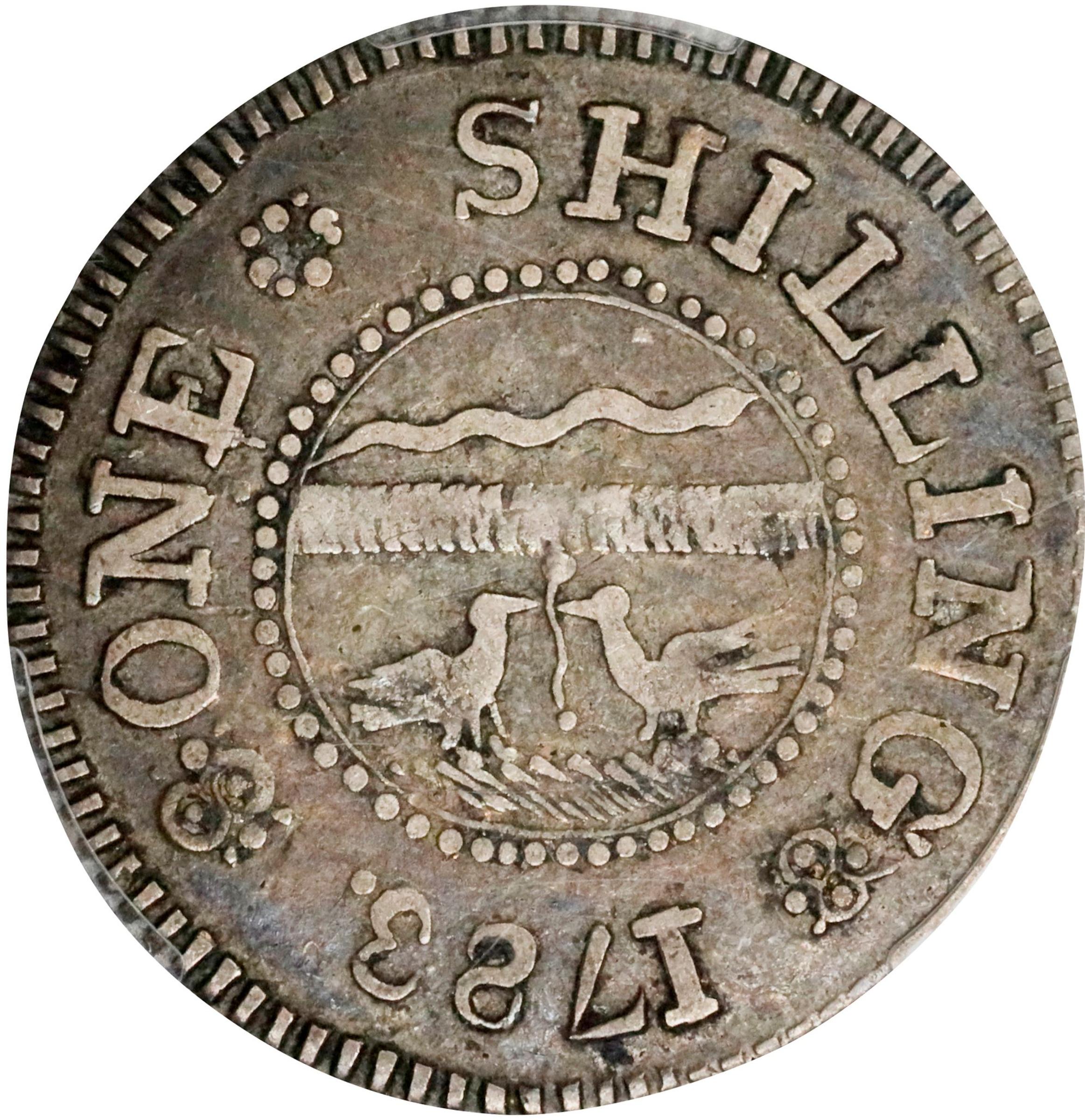 image for: 1783 John Chalmers Shilling. W-1790. Rarity-4. Birds, Long Worm. EF-40 (PCGS).