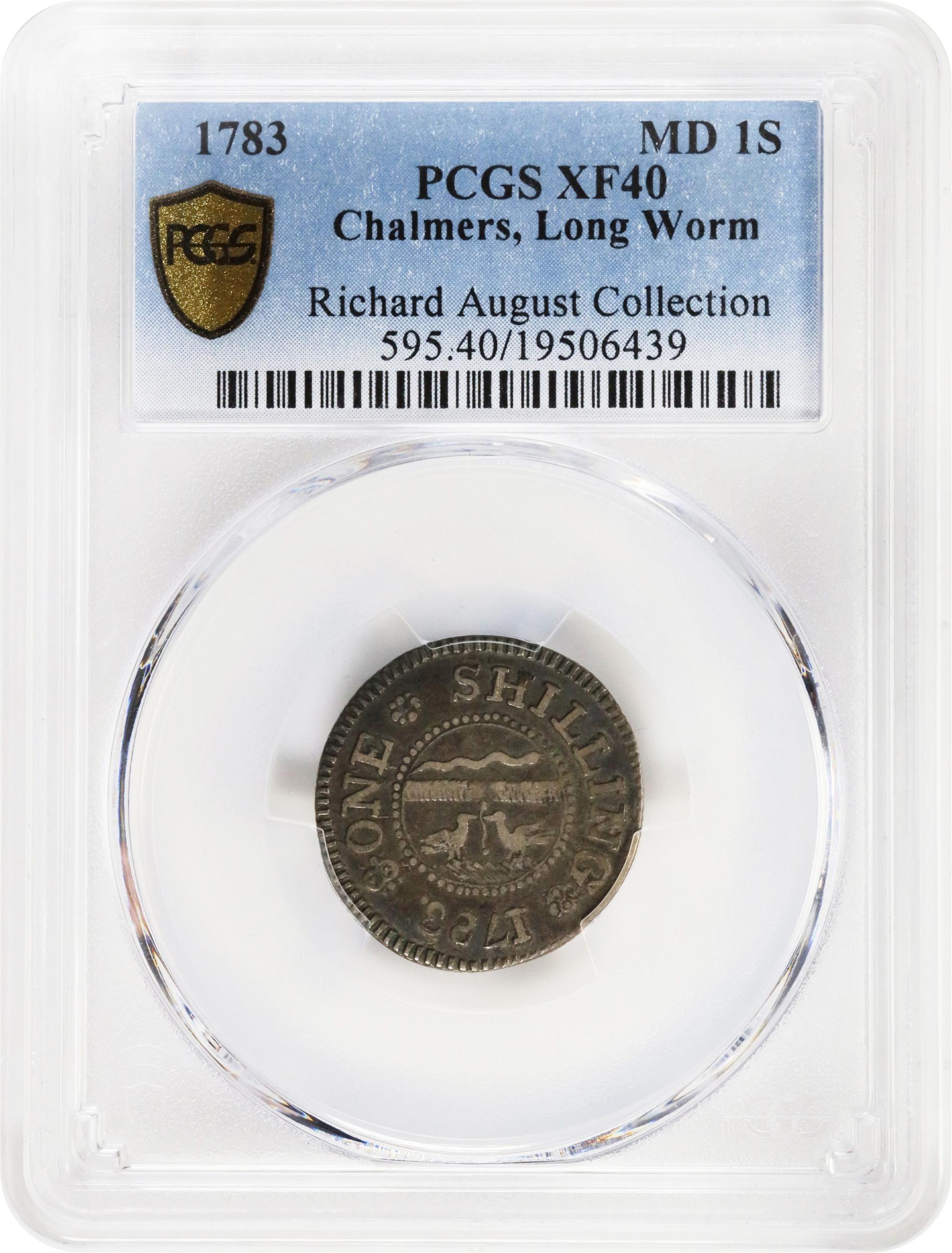 image for: 1783 John Chalmers Shilling. W-1790. Rarity-4. Birds, Long Worm. EF-40 (PCGS).