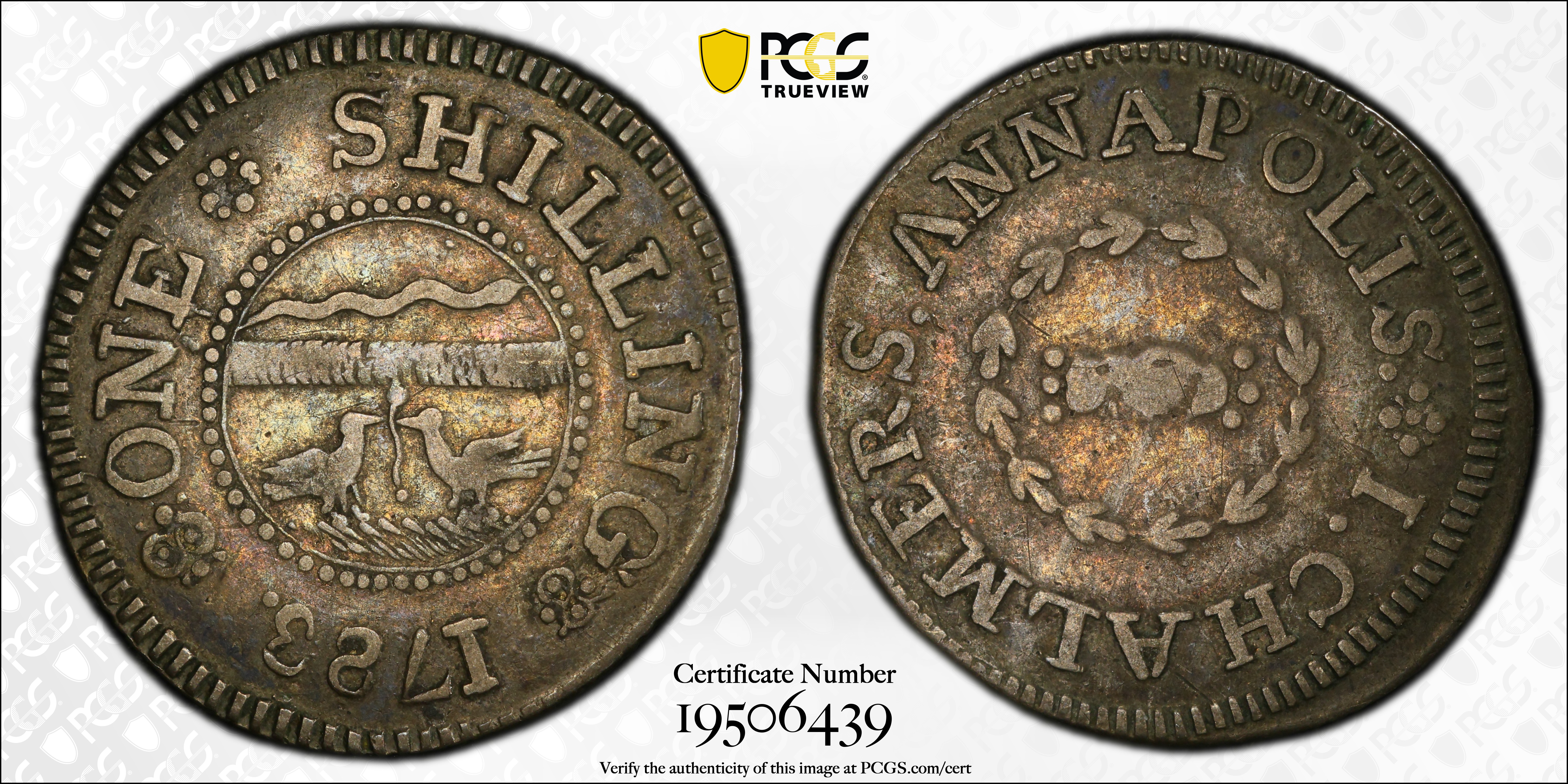 image for: 1783 John Chalmers Shilling. W-1790. Rarity-4. Birds, Long Worm. EF-40 (PCGS).