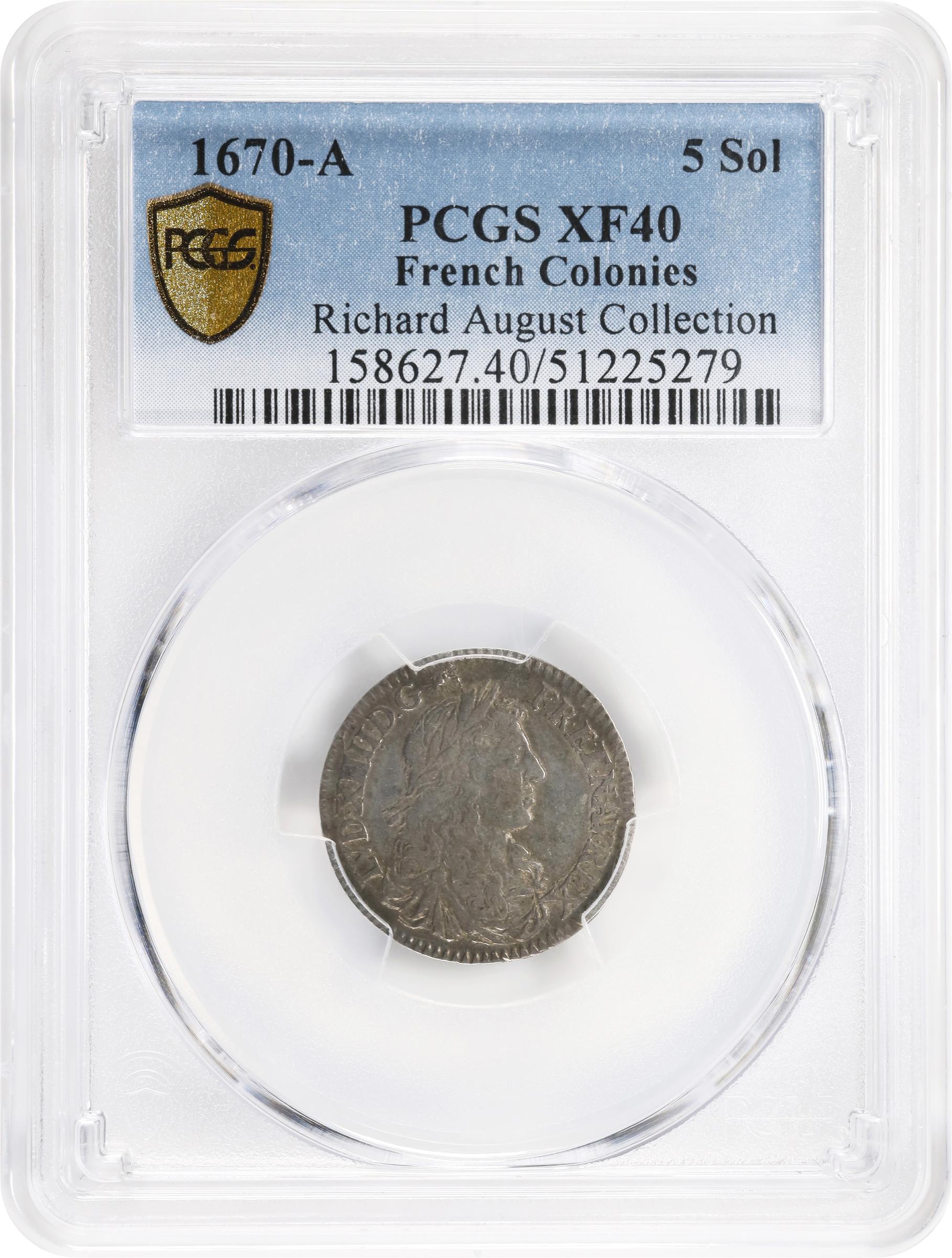 image for: 1670-A 5 Sols. Paris Mint. Martin 4-F, Lecompte-186, Hodder-3, W-11605. EF-40 (PCGS).