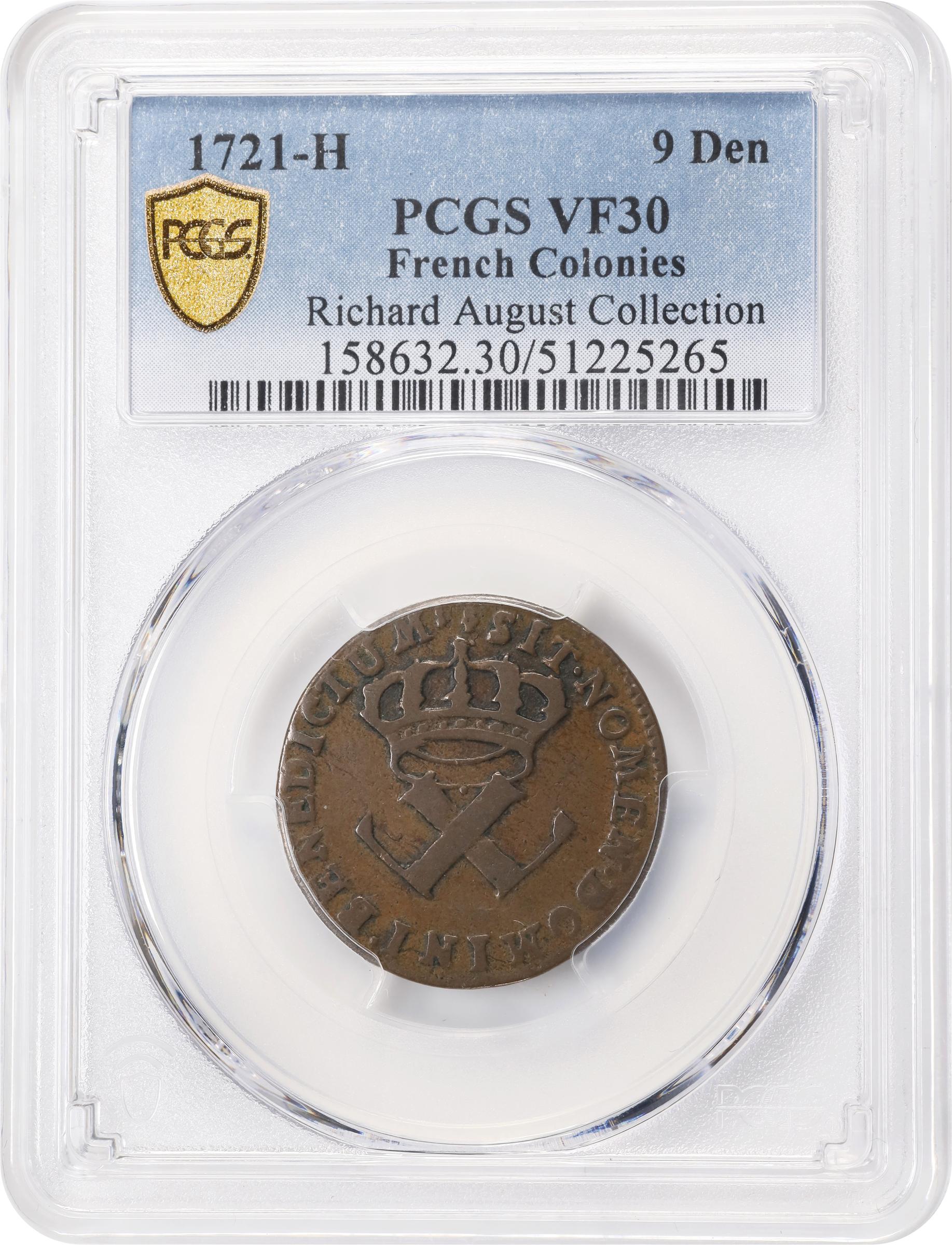 image for: 1721-H Sou, or 9 Deniers. La Rochelle Mint. Martin 2.10-B.7, W-11830. Rarity-4. VF-30 (PCGS).