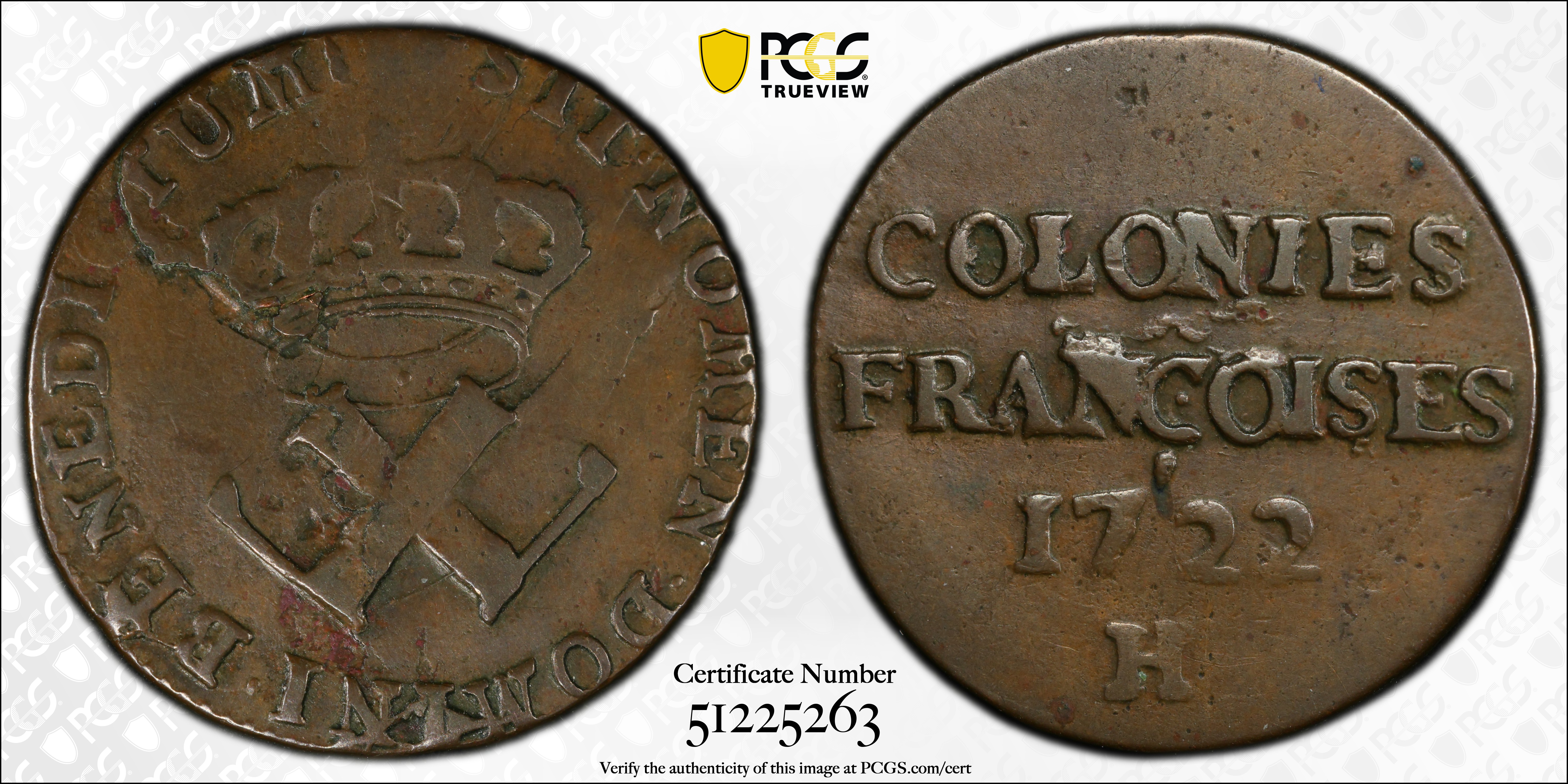 image for: 1722/1-H Sou, or 9 Deniers. La Rochelle Mint. Martin 2.7-C.2, W-11835. EF-40 (PCGS).