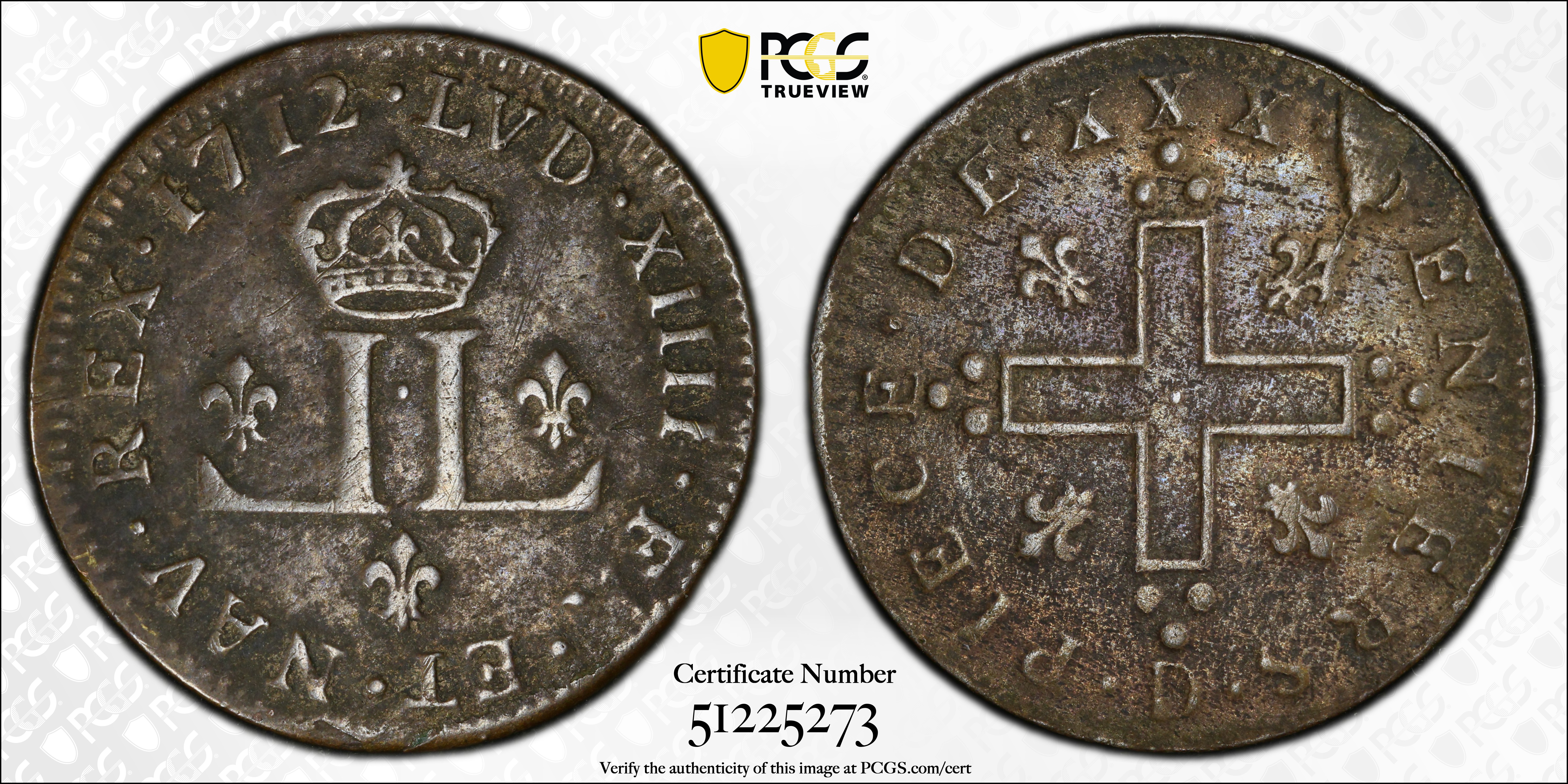 image for: 1712-D 30 Deniers, or Mousquetaire. Lyon Mint. Vlack-5, W-11730. Rarity-3. VF-35 (PCGS).