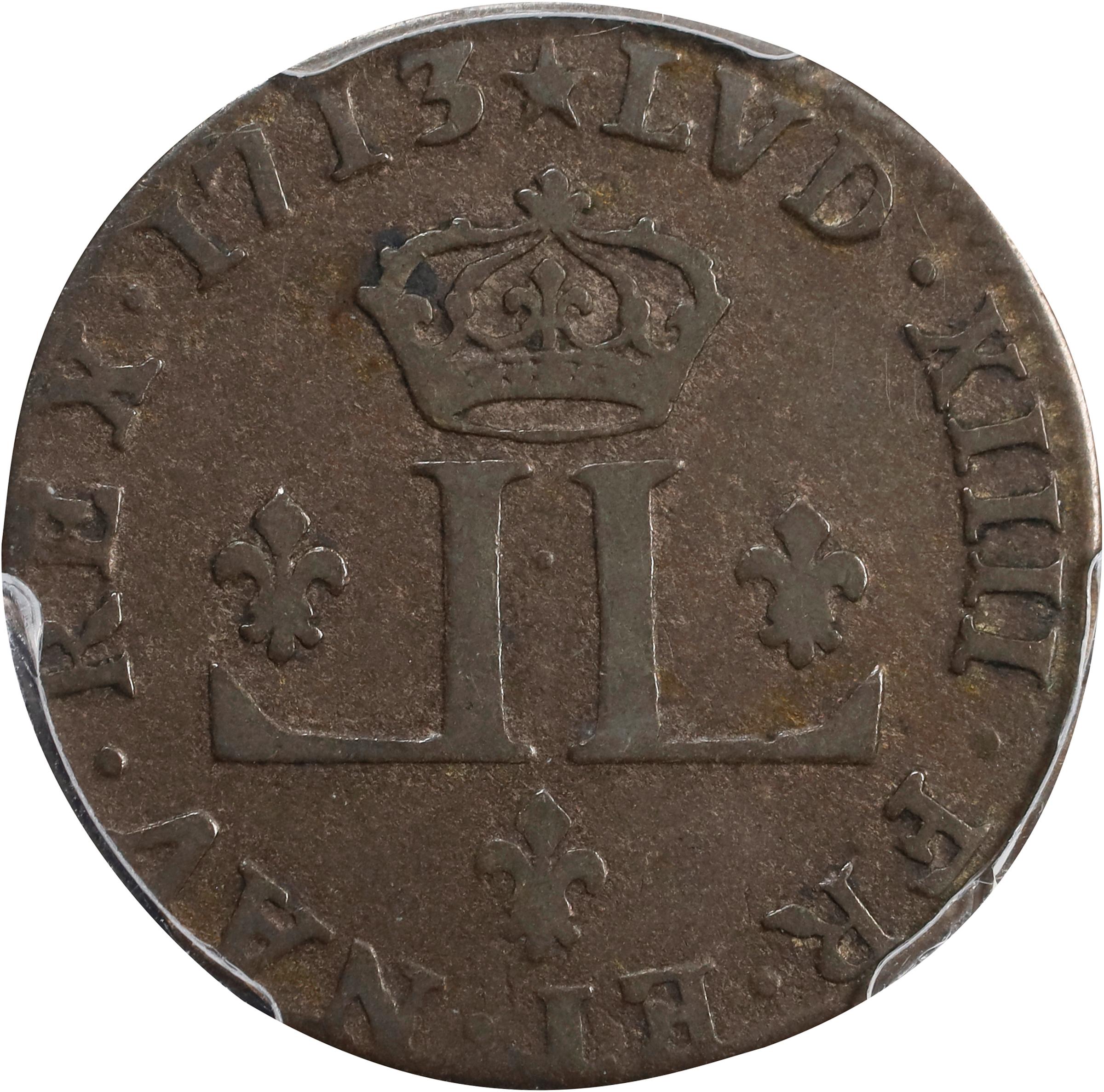 image for: 1713-D 30 Deniers, or Mousquetaire. Lyon Mint. Vlack-6a, W-11745. Rarity-2. Star After Date. VF-35 (PCGS).