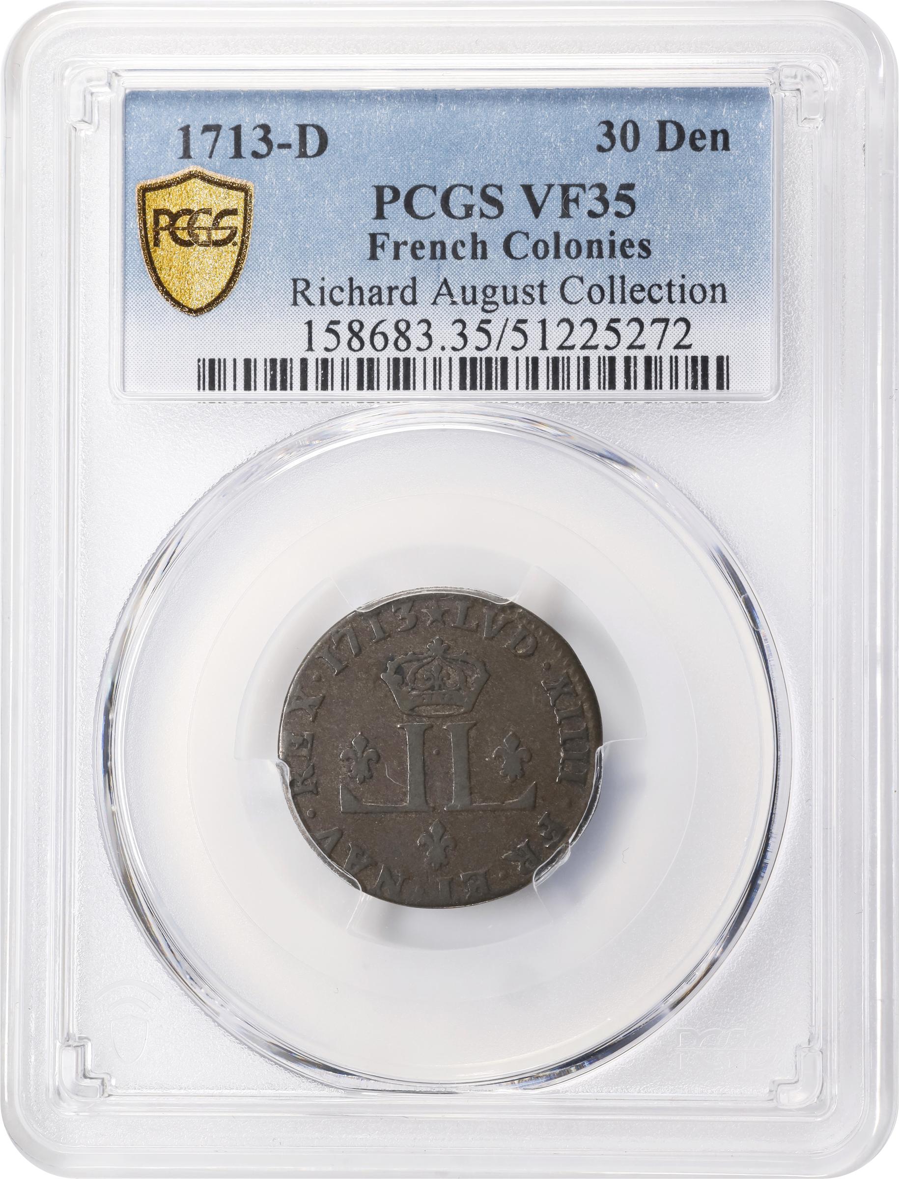 image for: 1713-D 30 Deniers, or Mousquetaire. Lyon Mint. Vlack-6a, W-11745. Rarity-2. Star After Date. VF-35 (PCGS).
