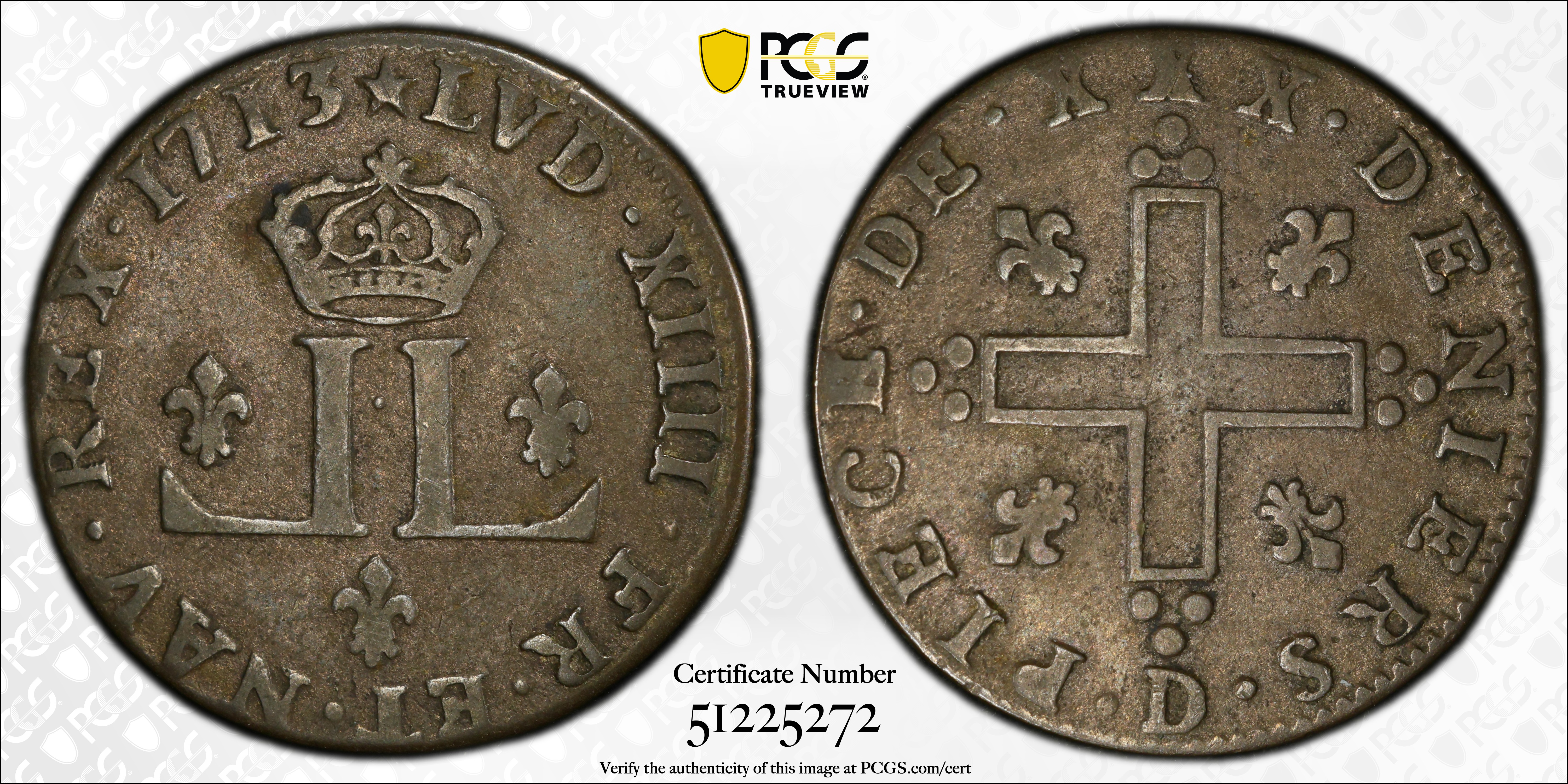 image for: 1713-D 30 Deniers, or Mousquetaire. Lyon Mint. Vlack-6a, W-11745. Rarity-2. Star After Date. VF-35 (PCGS).