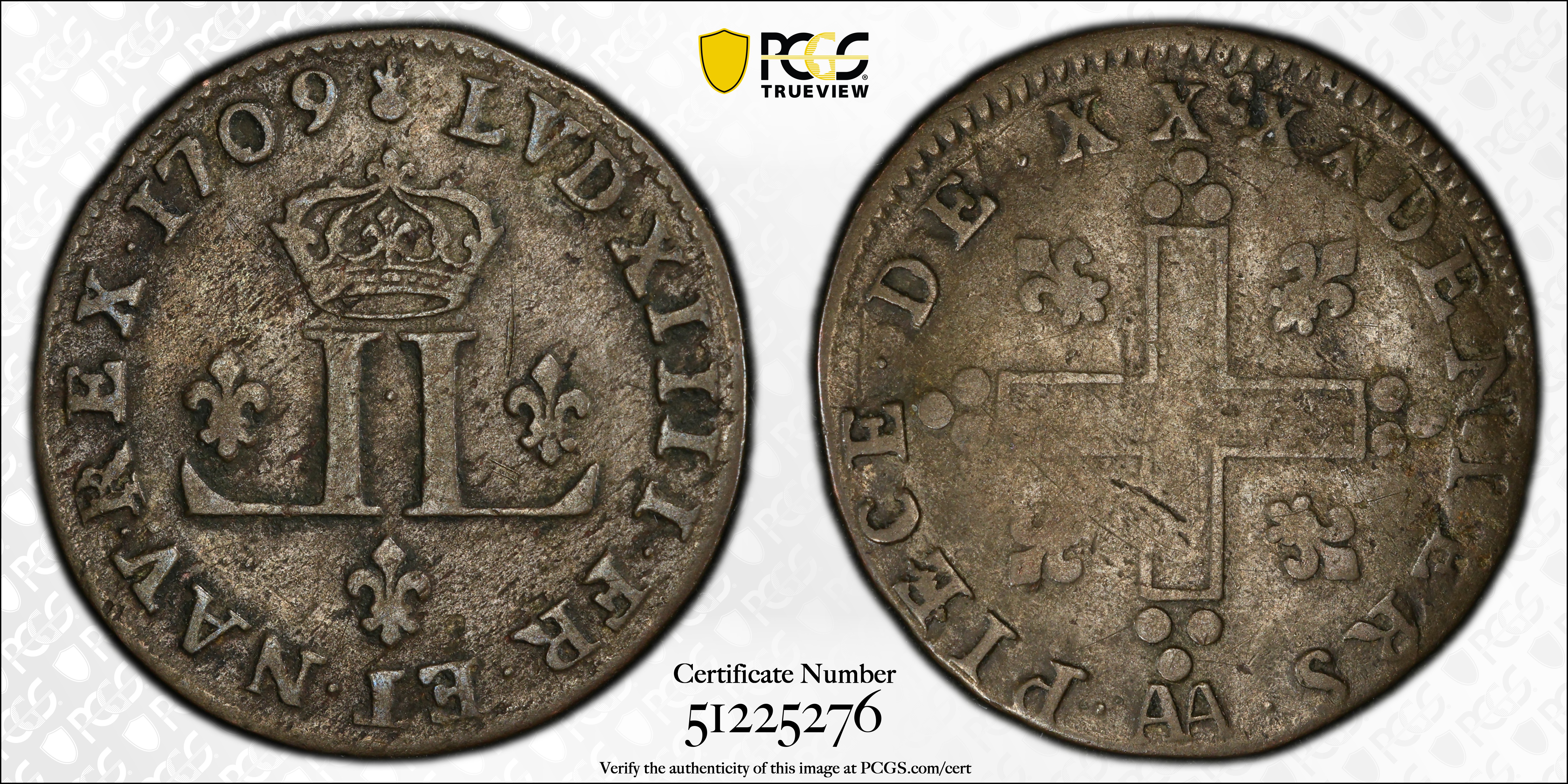 image for: 1709-AA 30 Deniers, or Mousquetaire. Metz Mint. Vlack-7. Rarity-6. VF-30 (PCGS).