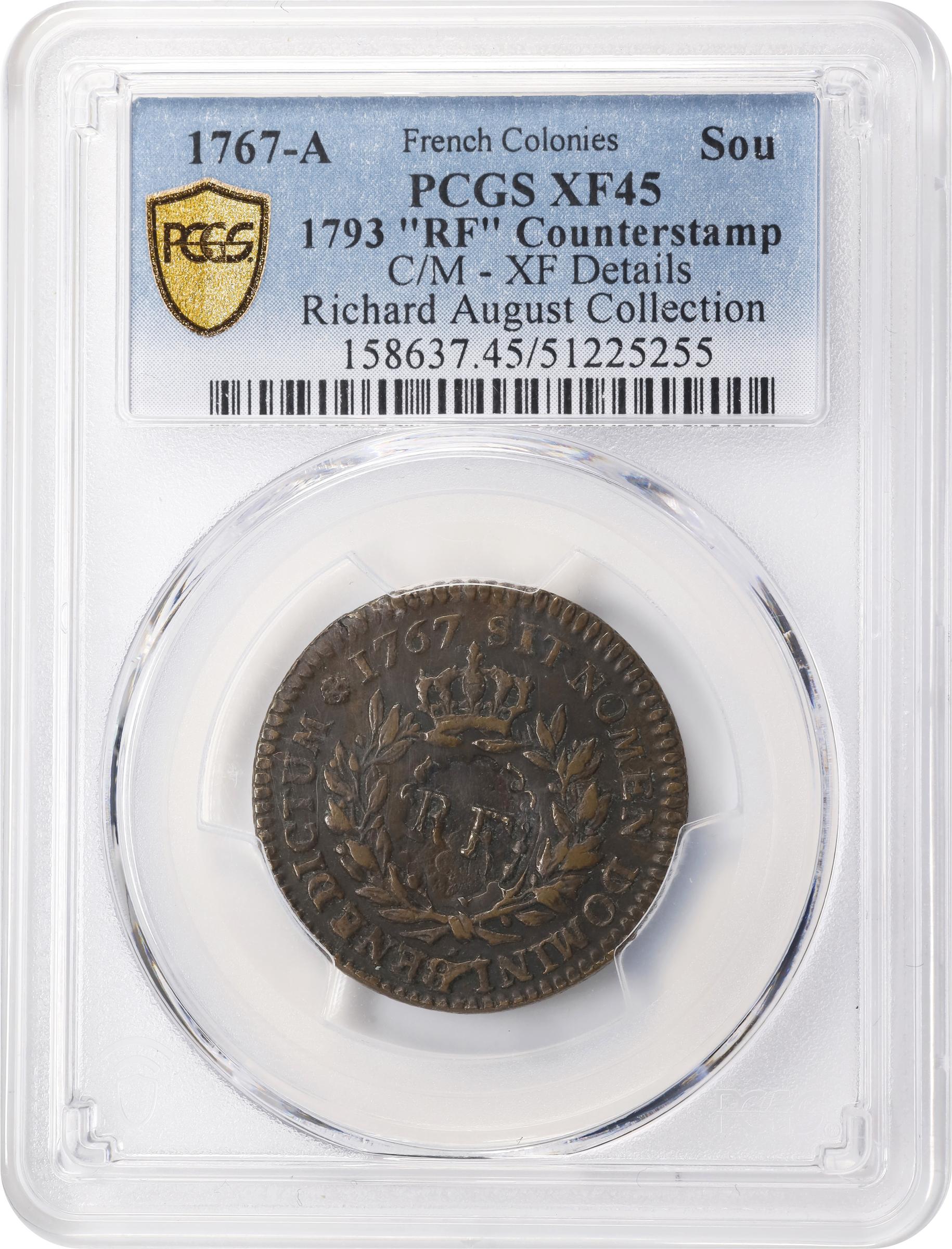 image for: 1767-A (1793) Sou. Paris Mint. Breen-701. RF Counterstamp. EF-45, Countermark EF Details (PCGS).