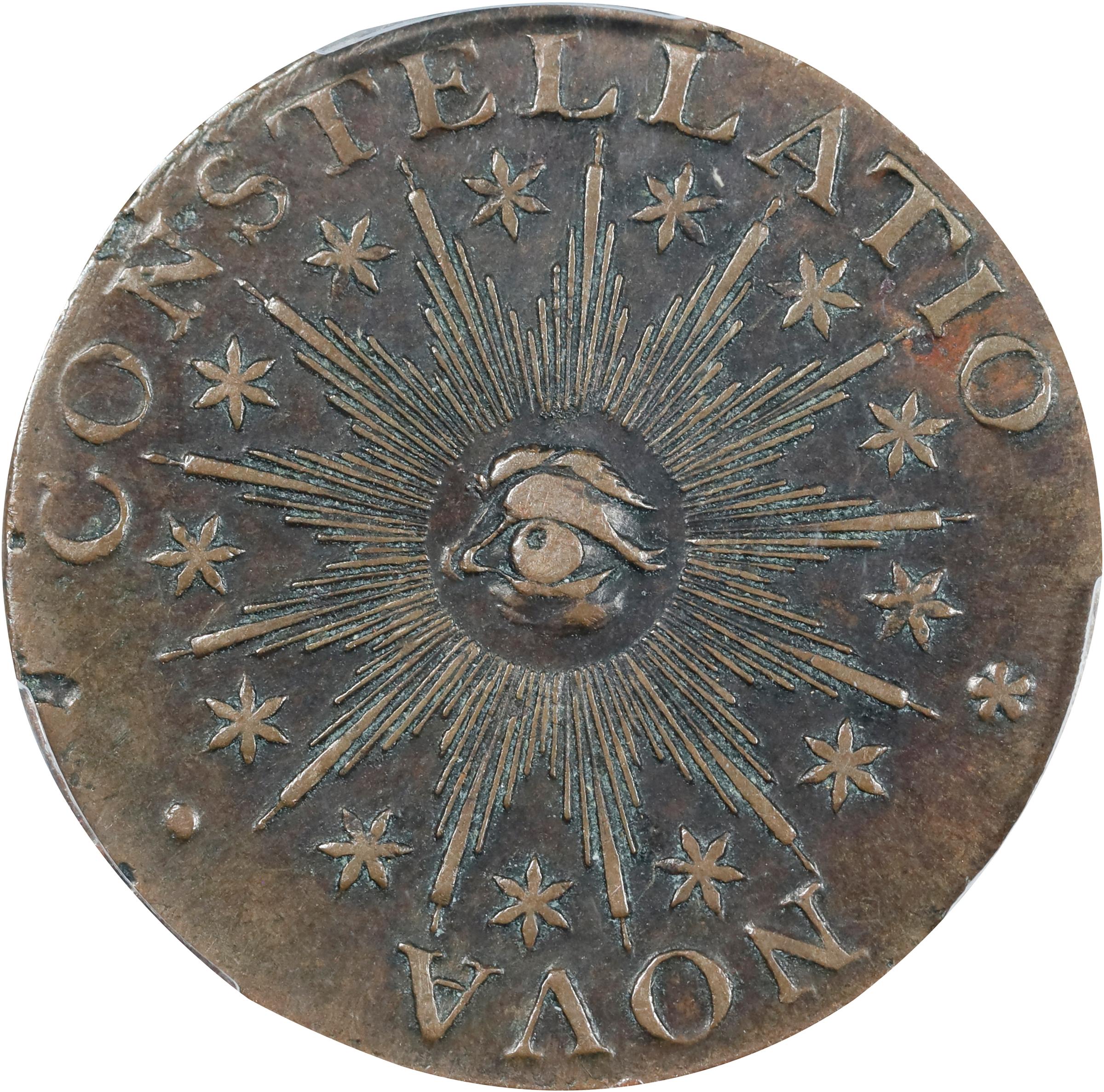 image for: 1783 Nova Constellatio Copper. Crosby 2-B, W-1865. Rarity-2. CONSTELLATIO, Pointed Rays, Small U.S. AU-53 (PCGS).