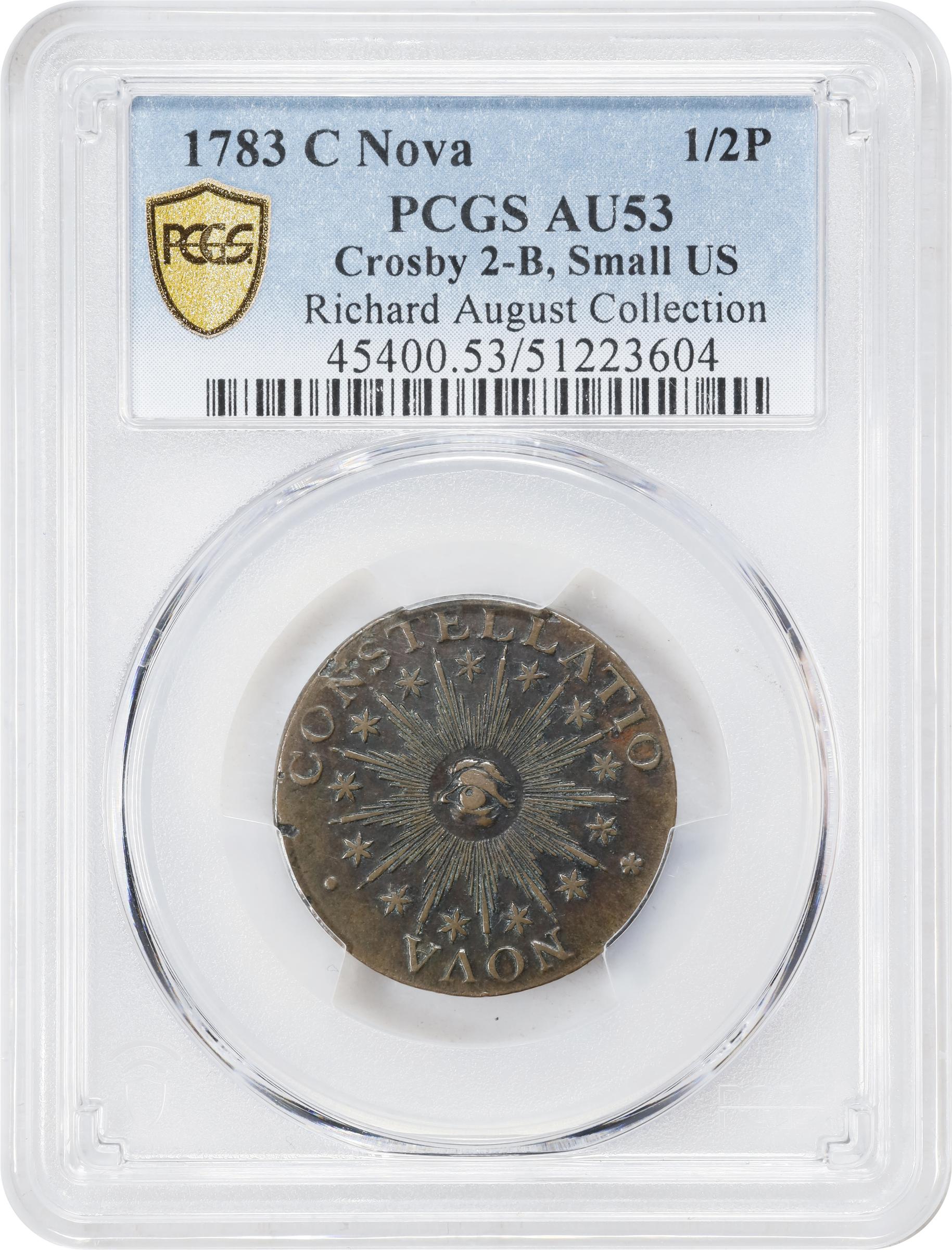 image for: 1783 Nova Constellatio Copper. Crosby 2-B, W-1865. Rarity-2. CONSTELLATIO, Pointed Rays, Small U.S. AU-53 (PCGS).