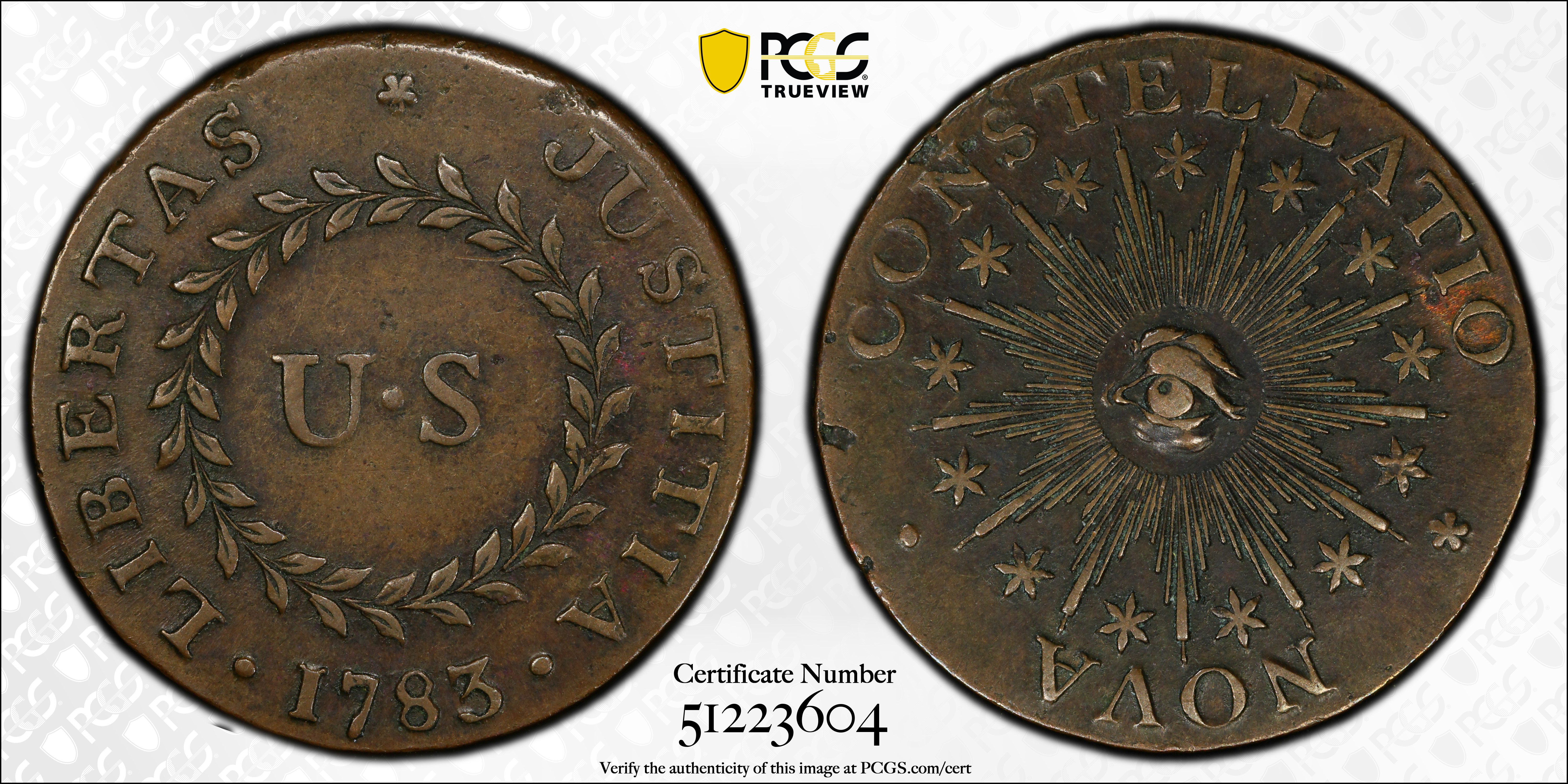 image for: 1783 Nova Constellatio Copper. Crosby 2-B, W-1865. Rarity-2. CONSTELLATIO, Pointed Rays, Small U.S. AU-53 (PCGS).