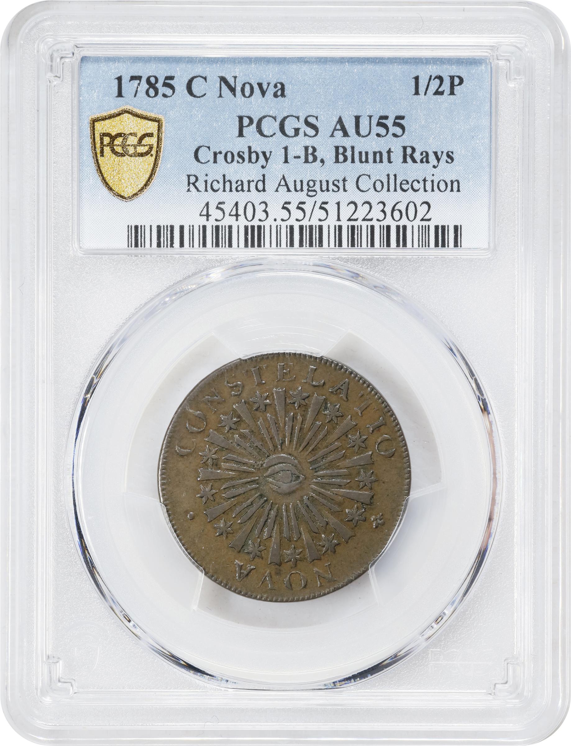 image for: 1785 Nova Constellatio Copper. Crosby 1-B, W-1880. Rarity-4. CONSTELATIO, Blunt Rays. AU-55 (PCGS).
