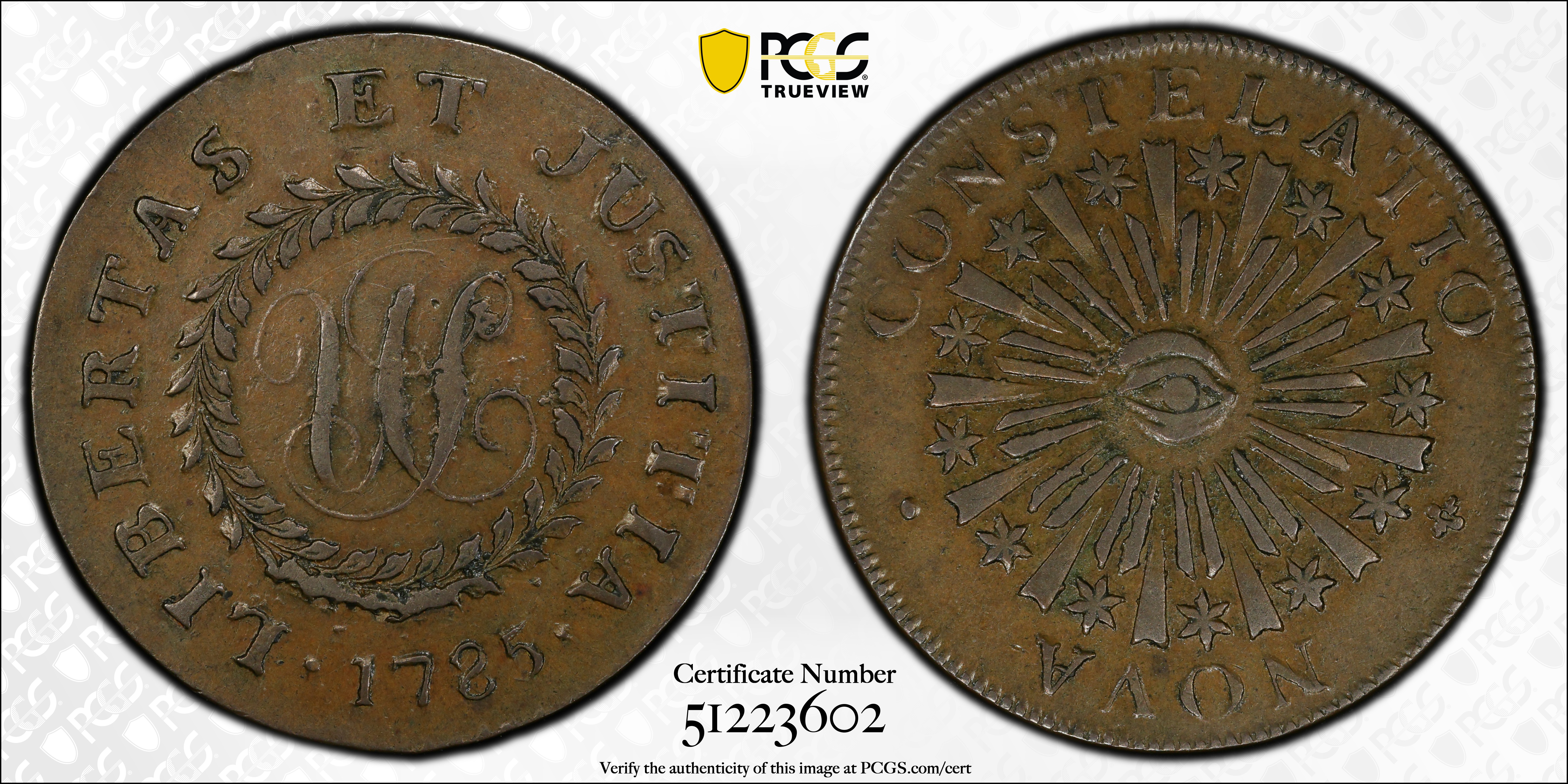image for: 1785 Nova Constellatio Copper. Crosby 1-B, W-1880. Rarity-4. CONSTELATIO, Blunt Rays. AU-55 (PCGS).
