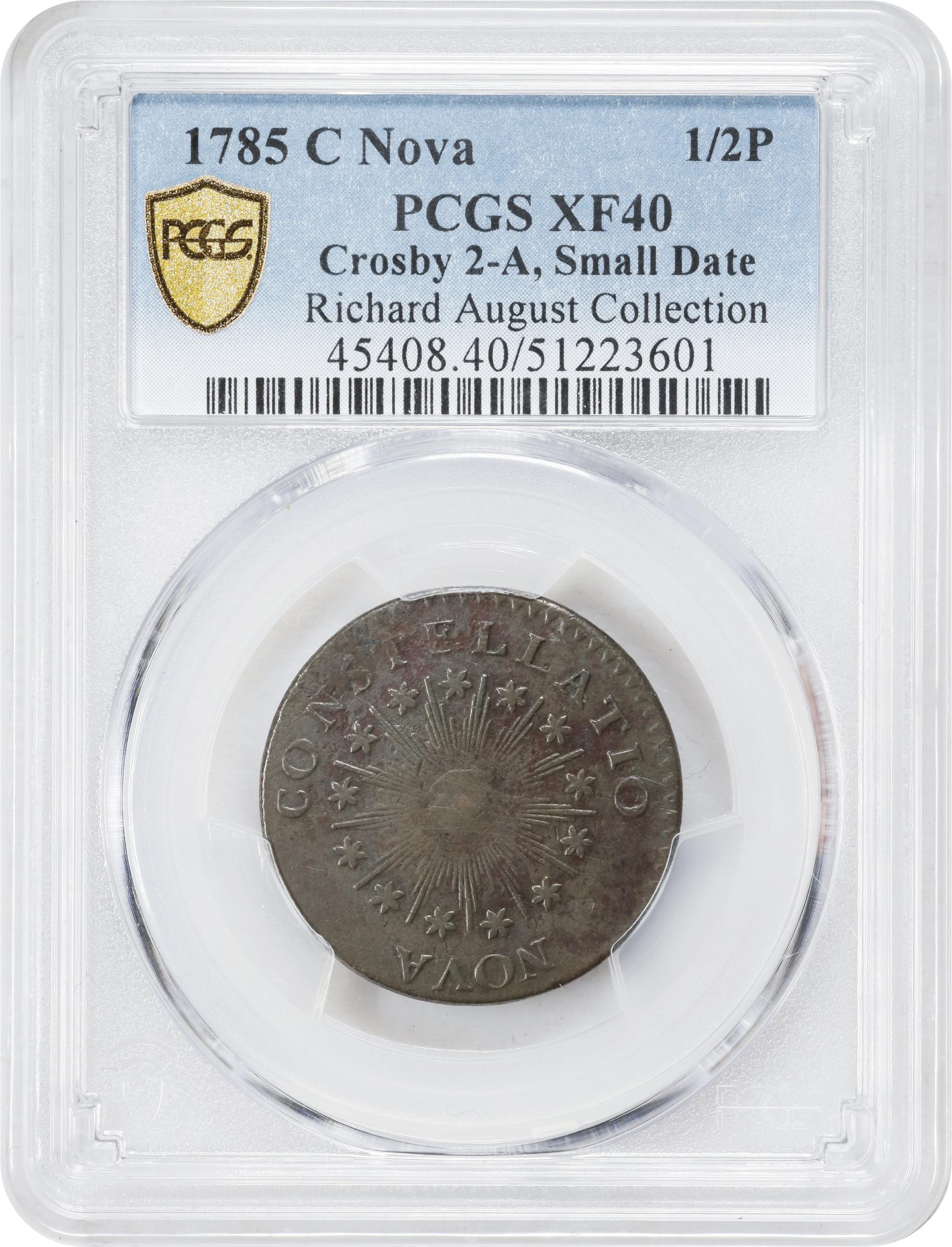 image for: 1785 Nova Constellatio Copper. Crosby 2-A, W-1885. Rarity-4+. CONSTELLATIO, Pointed Rays, Small, Close Date. EF-40 (PCGS).