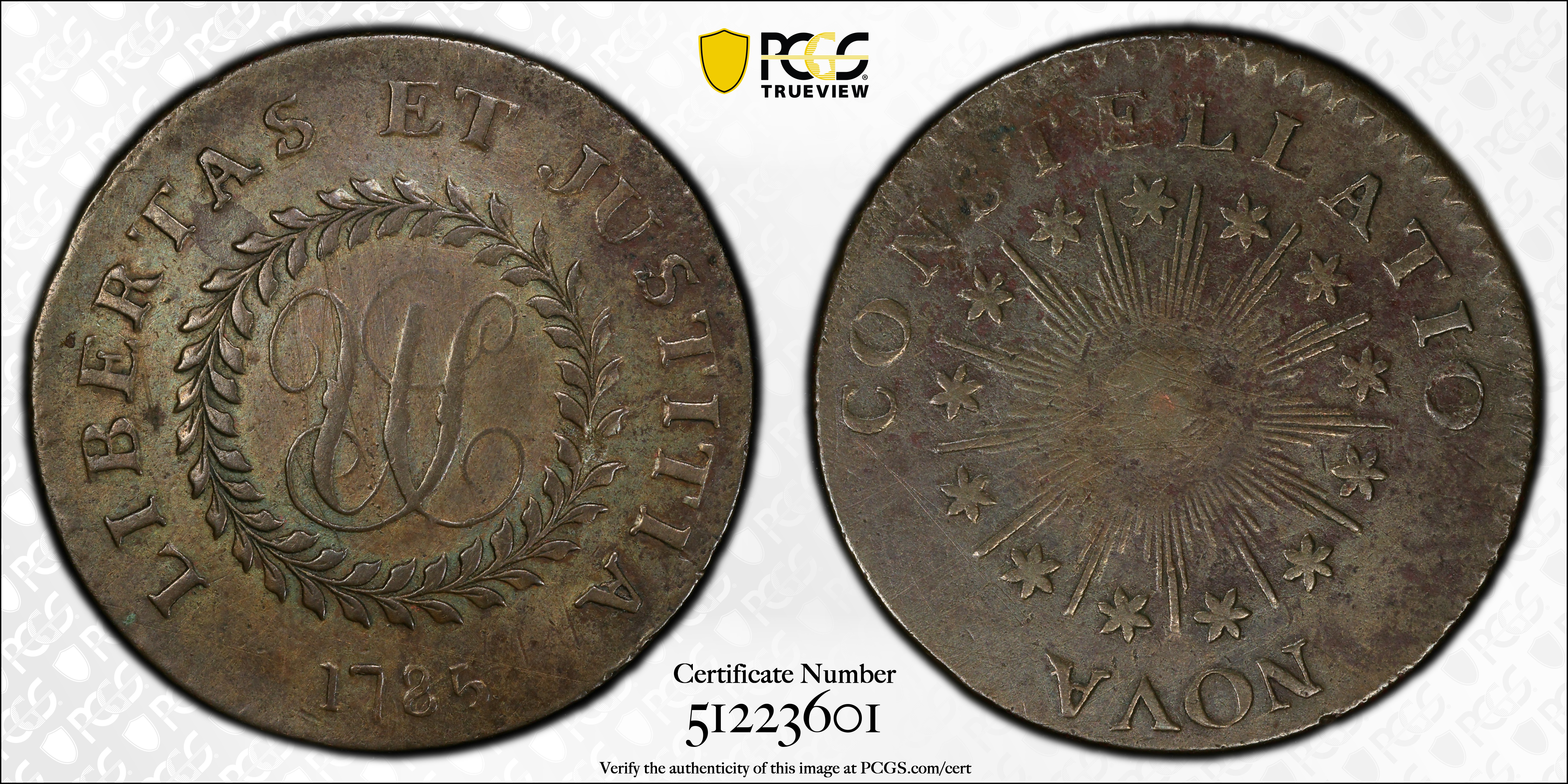image for: 1785 Nova Constellatio Copper. Crosby 2-A, W-1885. Rarity-4+. CONSTELLATIO, Pointed Rays, Small, Close Date. EF-40 (PCGS).