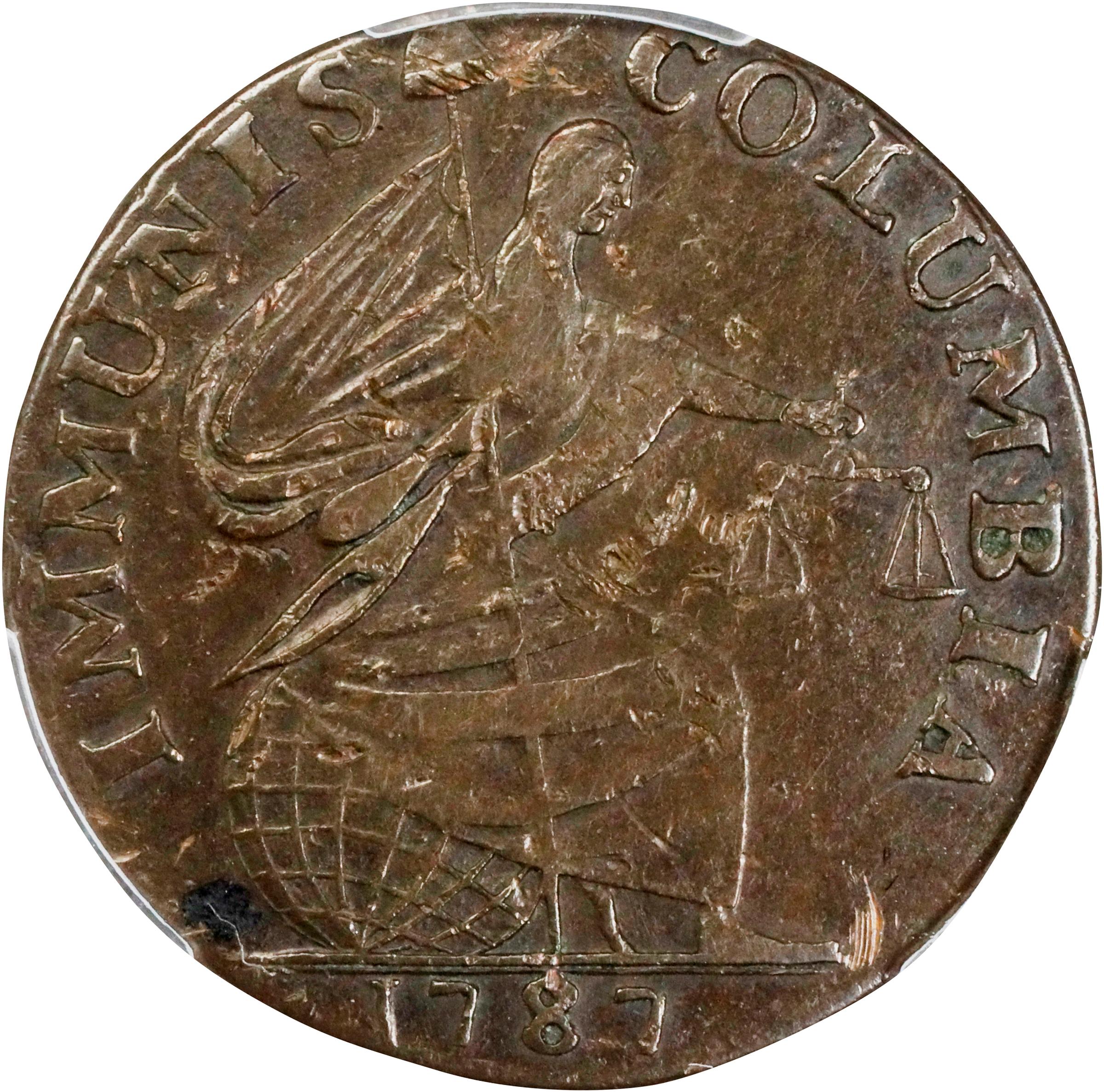 image for: 1787 Immunis Columbia Copper / Large Eagle Reverse. W-5680. Rarity-4+. Plain Edge, Narrow Planchet. VF-35 (PCGS).