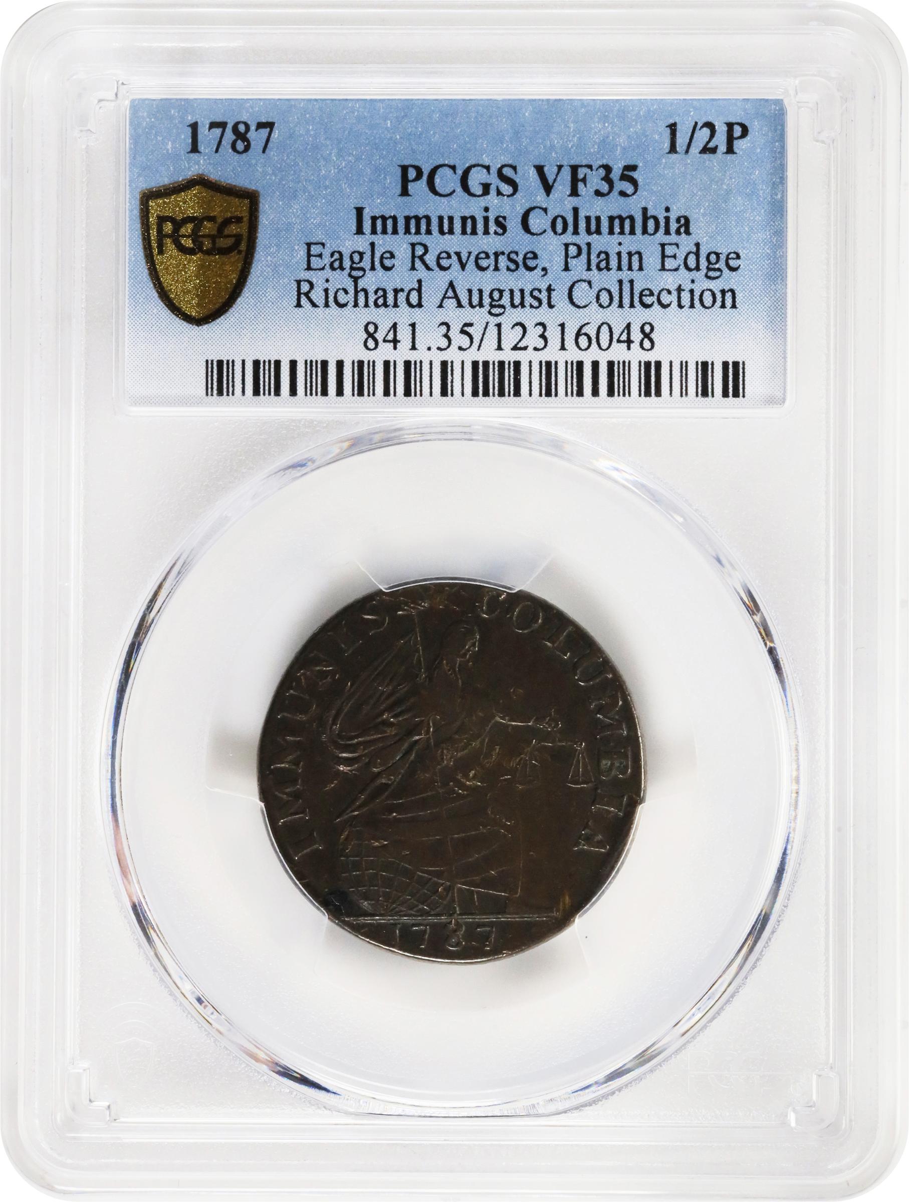 image for: 1787 Immunis Columbia Copper / Large Eagle Reverse. W-5680. Rarity-4+. Plain Edge, Narrow Planchet. VF-35 (PCGS).