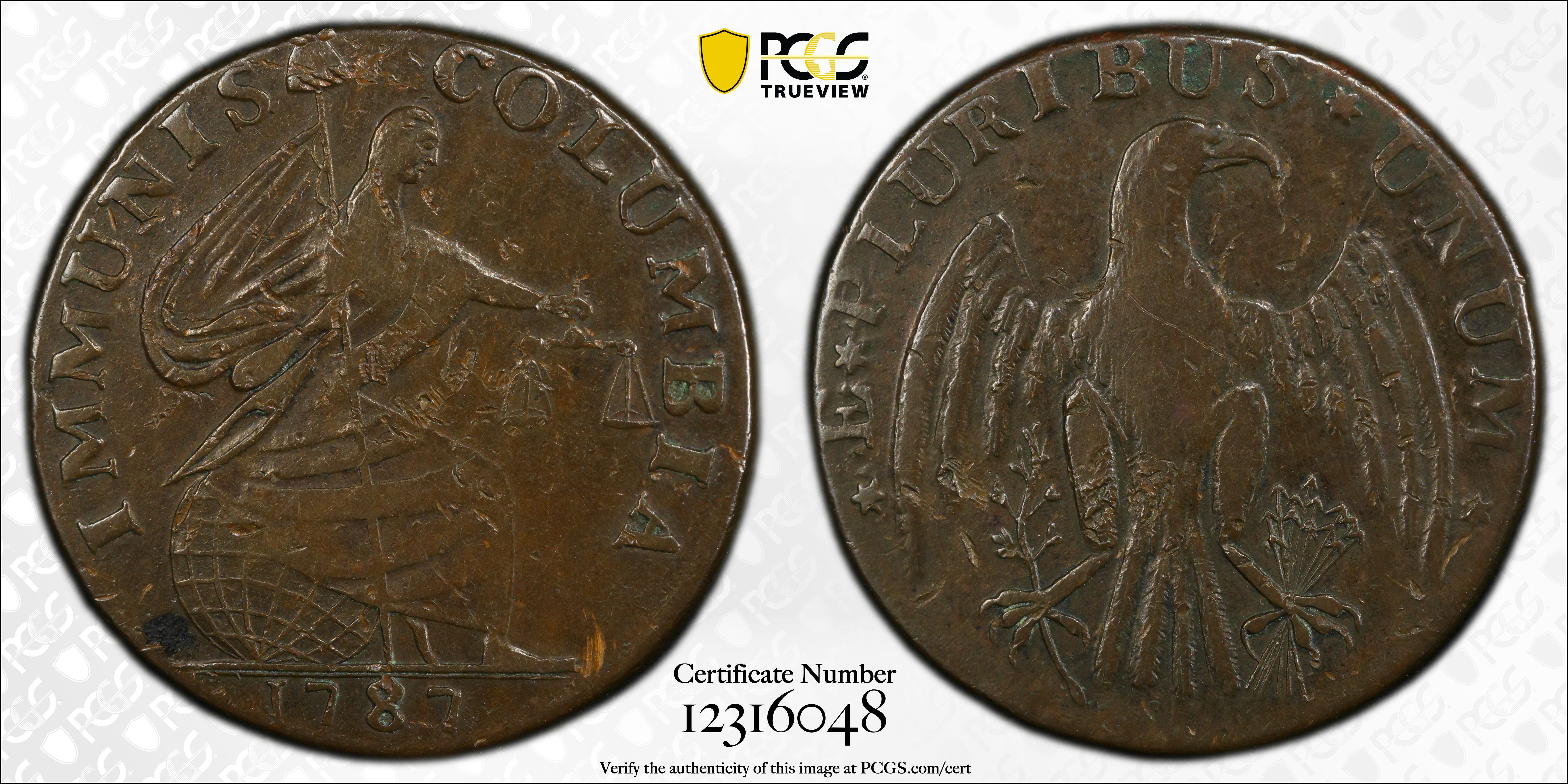 image for: 1787 Immunis Columbia Copper / Large Eagle Reverse. W-5680. Rarity-4+. Plain Edge, Narrow Planchet. VF-35 (PCGS).