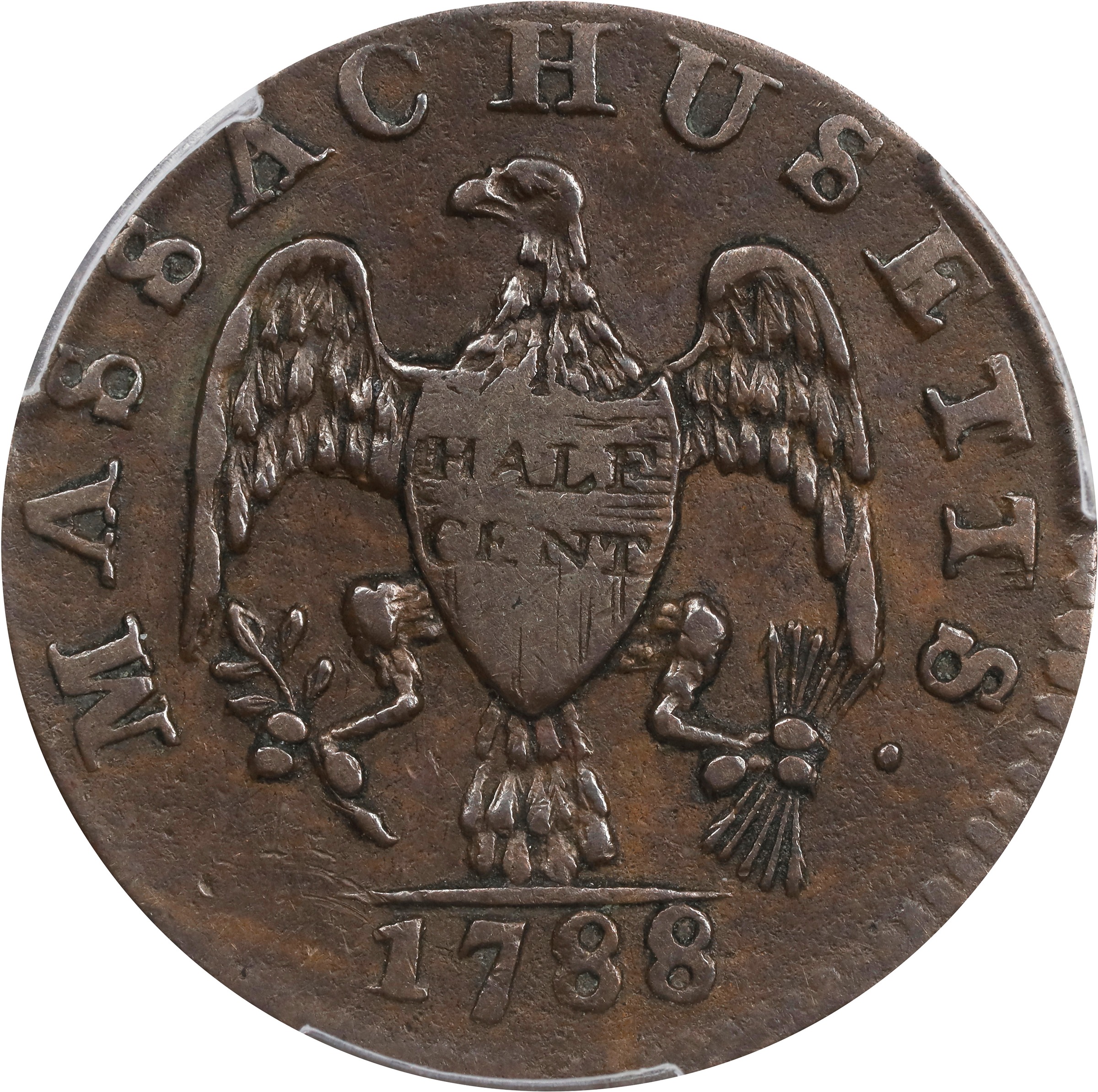 image for: 1788 Massachusetts Half Cent. Ryder 1-A, W-6000. Rarity-4+. EF-45 (PCGS).